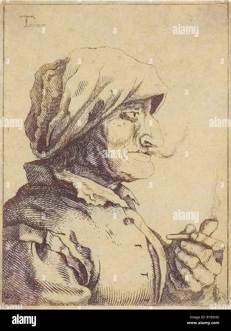 Vieille femme fume une pipe, peut-être Lauwryn Jan Krafft (I), 1704 - 1765 Banque D'Images