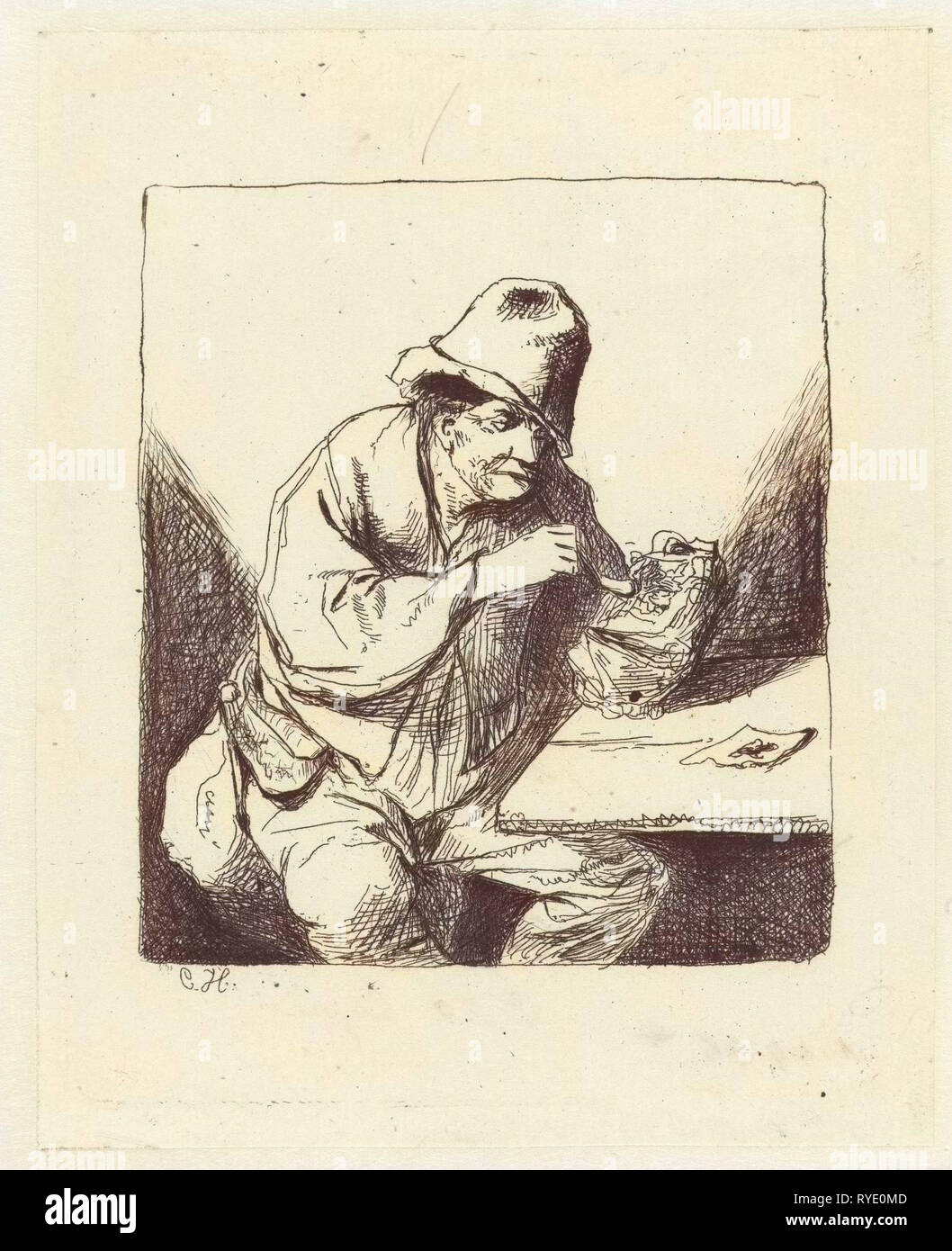 Homme assis, tuyau croix Monogrammist CH (graveur, 2), 1642 - 1714 Banque D'Images