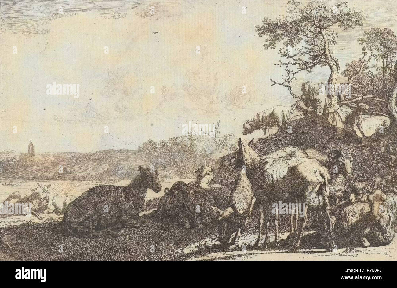 Berger avec chien sur une colline, à jouer sur une flûte, le troupeau de moutons dans l'avant-plan, l'impression bouilloire : Paulus Potter, Dating 1644 Banque D'Images