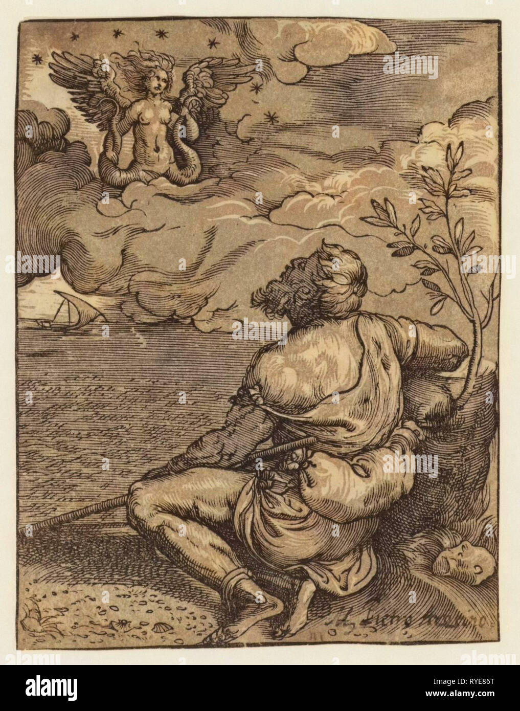 M. Pietro Aretino, Woodcut, clair-obscur Imprimer montrant le poète Pietro Aretino, Un portrait de l'arrière, Assis à côté de tronc d'arbre sur le bord de la mer, à la vision d'un ange à dans les nuages Banque D'Images