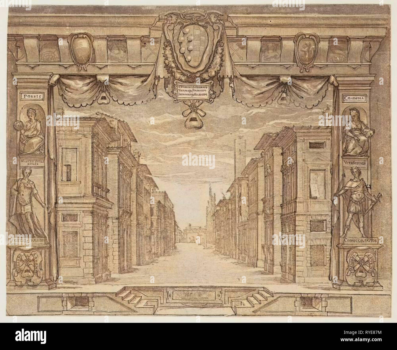 Scénographie pour l'Ortensio, 1589, Bolsi, Girolamo, clair-obscur, gravure sur bois montre la conception d'impression pour la scène, et une scène de rue pour l'Ortensio par Alessandro Piccolomini Banque D'Images