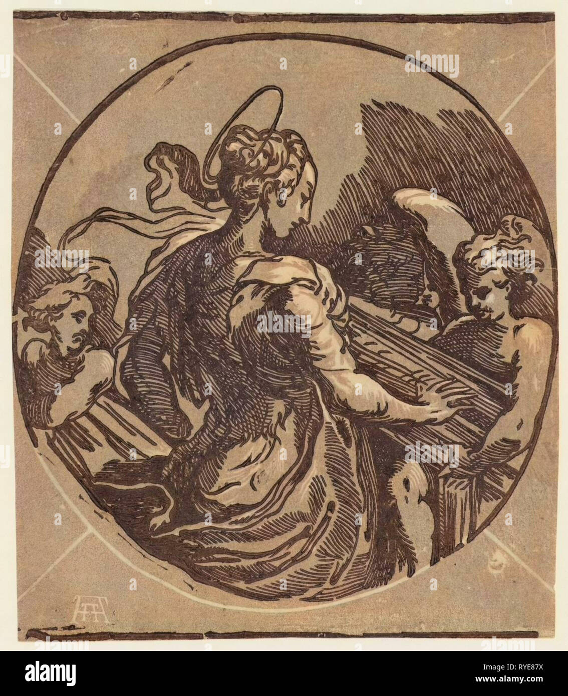 Sainte Cécile. Gravure sur bois, Clair-obscur Imprimer montrant Saint  Cecilia en médaillon avec deux anges, un holding peut-être un instrument à  cordes Photo Stock - Alamy