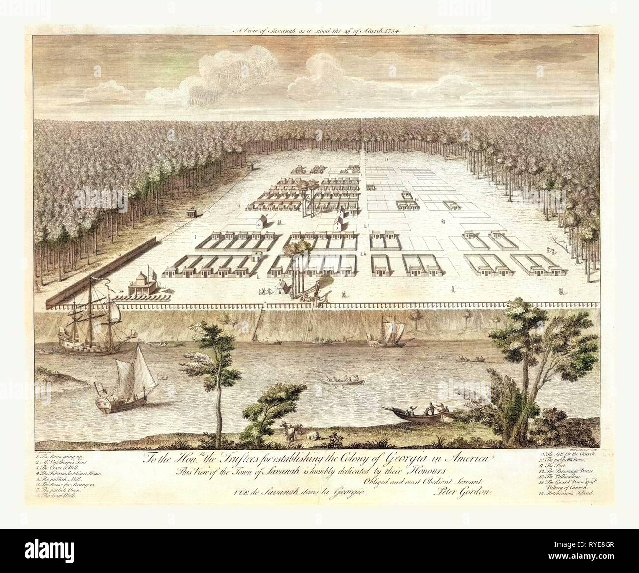 Vue de Savannah, Géorgie, en l'État le 29 mars 1734. Lithographie, US, USA, Amérique Latine Banque D'Images