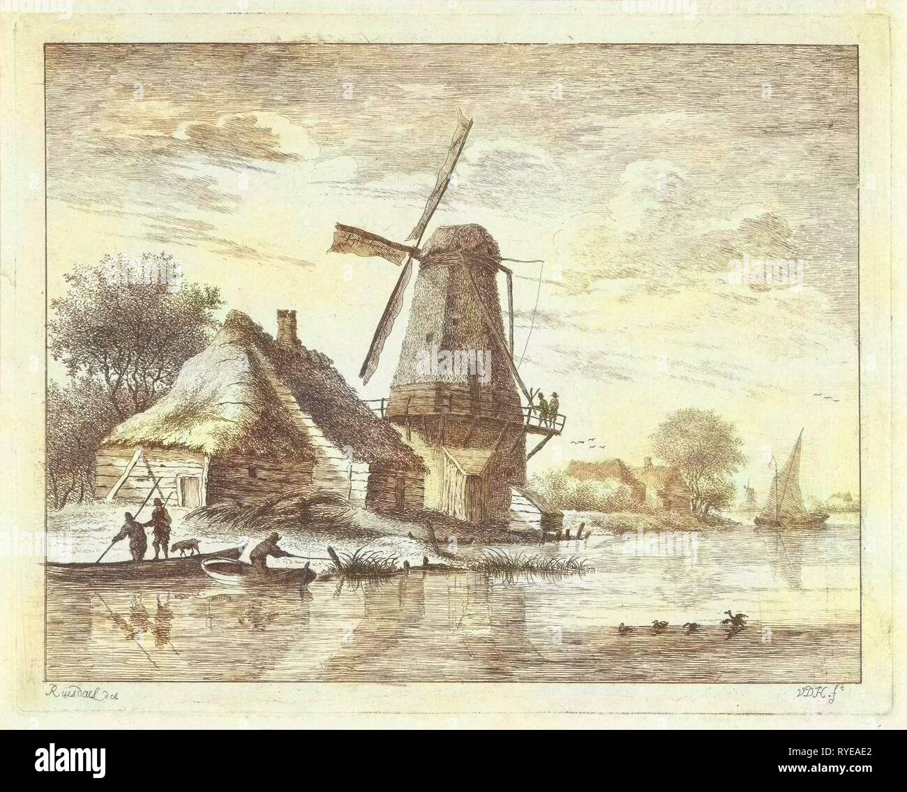 Moulin à vent le long d'une rivière, Anthonij van der Haer, ch. 1745 - 1785 Banque D'Images