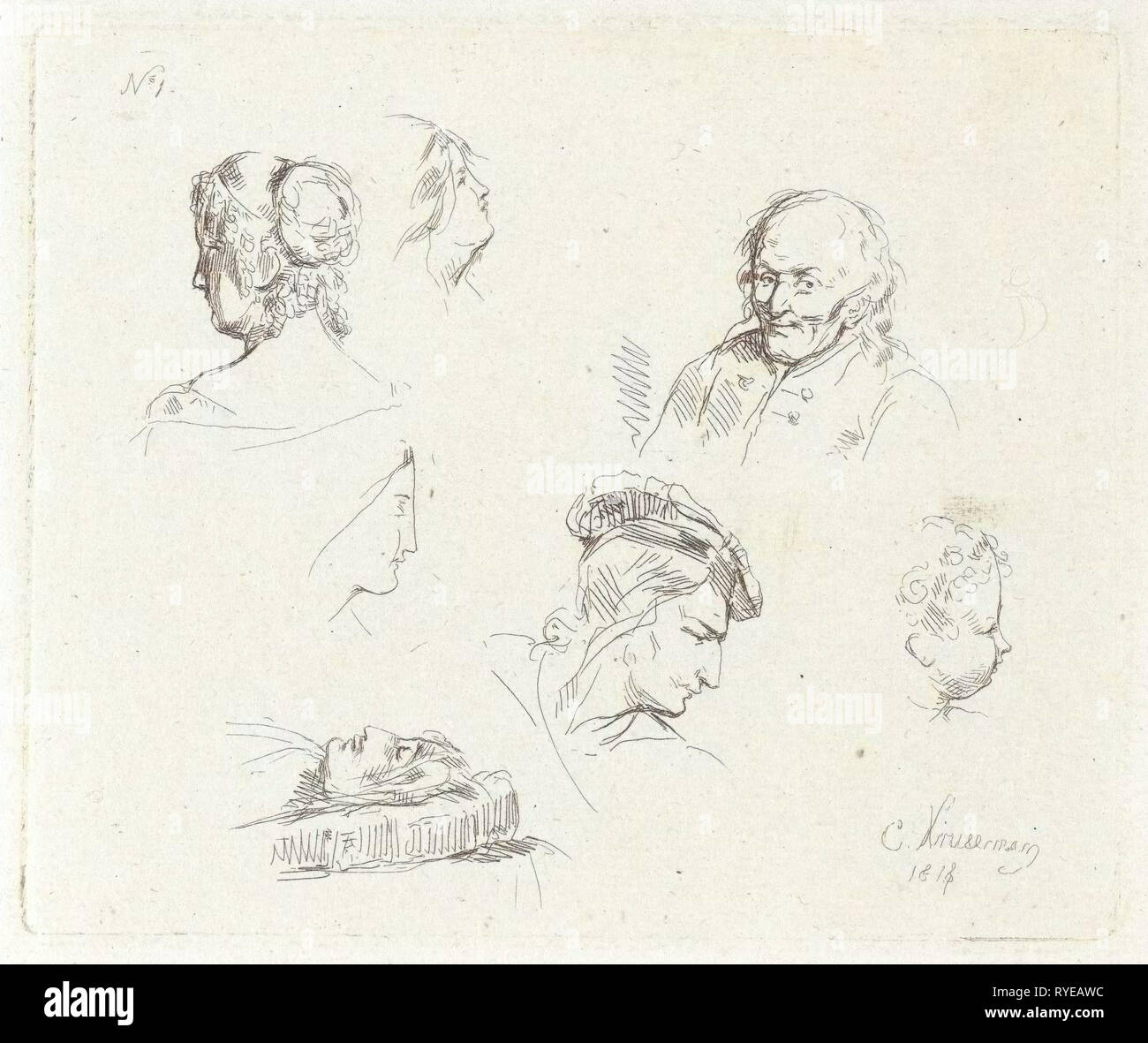 Feuille d'étude avec différents chefs, Cornelis Kruseman, 1818 Banque D'Images