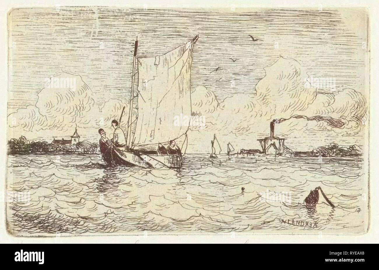 Vue de l'Haarlemmermeer avec les bateaux à voile, aux Pays-Bas, Willem Lodewijk Andrea, 1845 - 1852 Banque D'Images