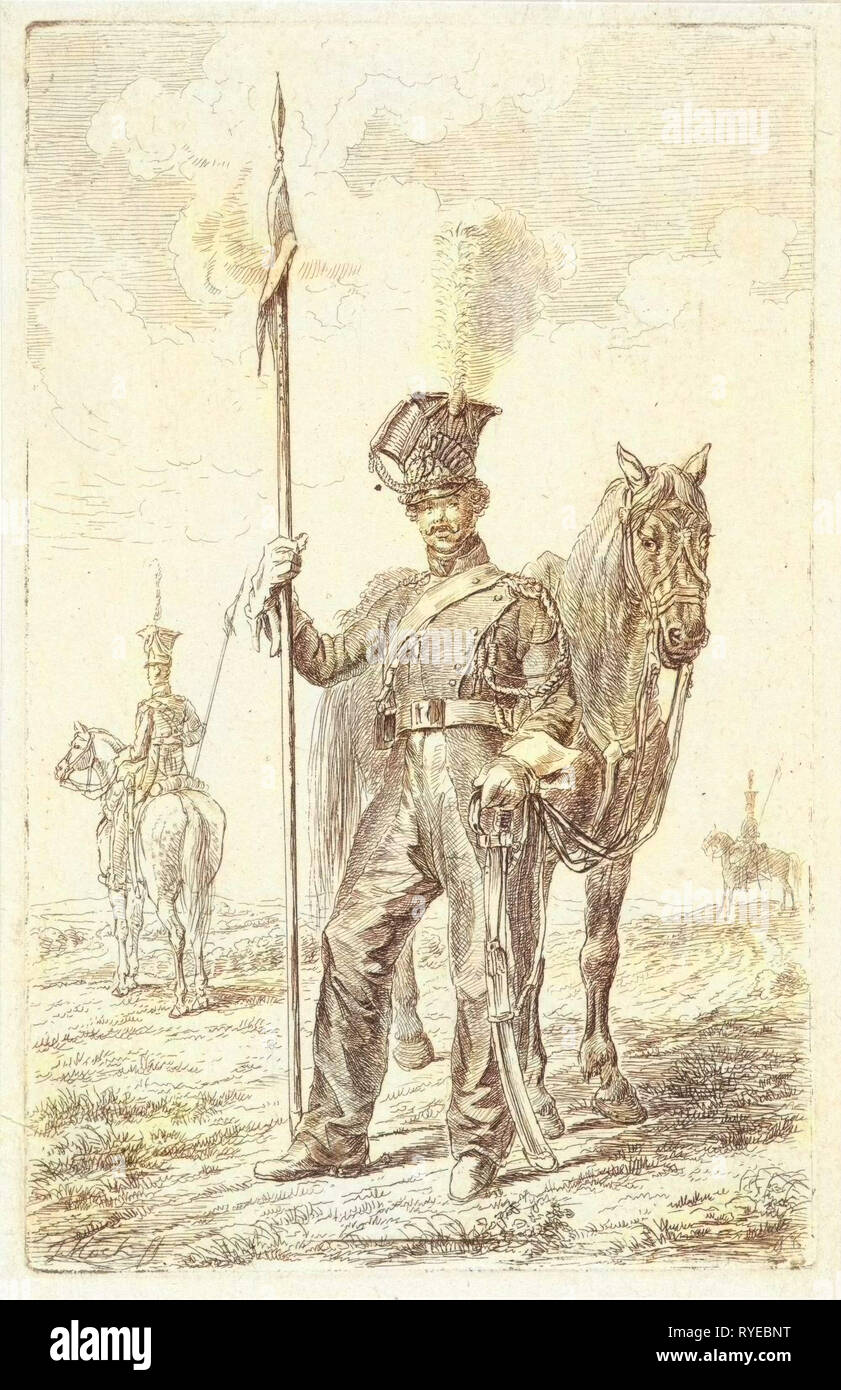 Soldat avec une lance à côté de son cheval, Johannes Mock, 1810 - 1884 Banque D'Images
