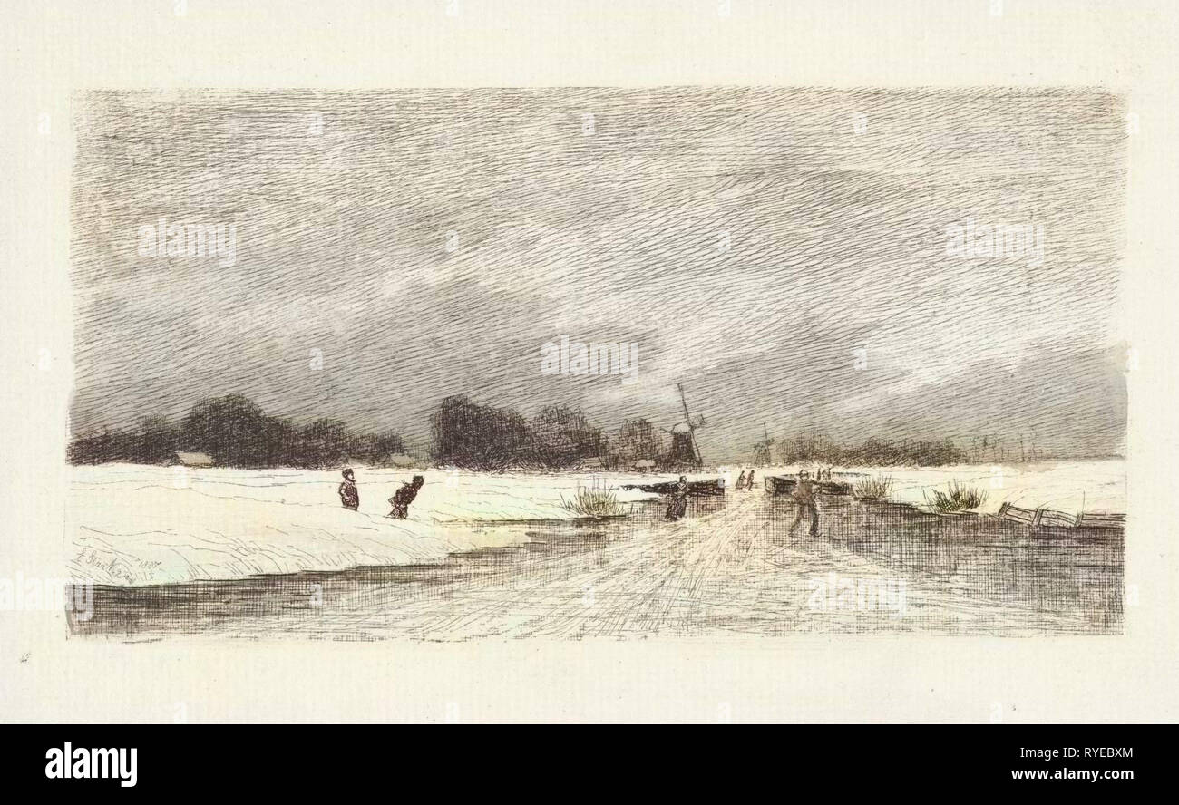 Patineurs dans un paysage hollandais, Elias Stark, 1887 Banque D'Images