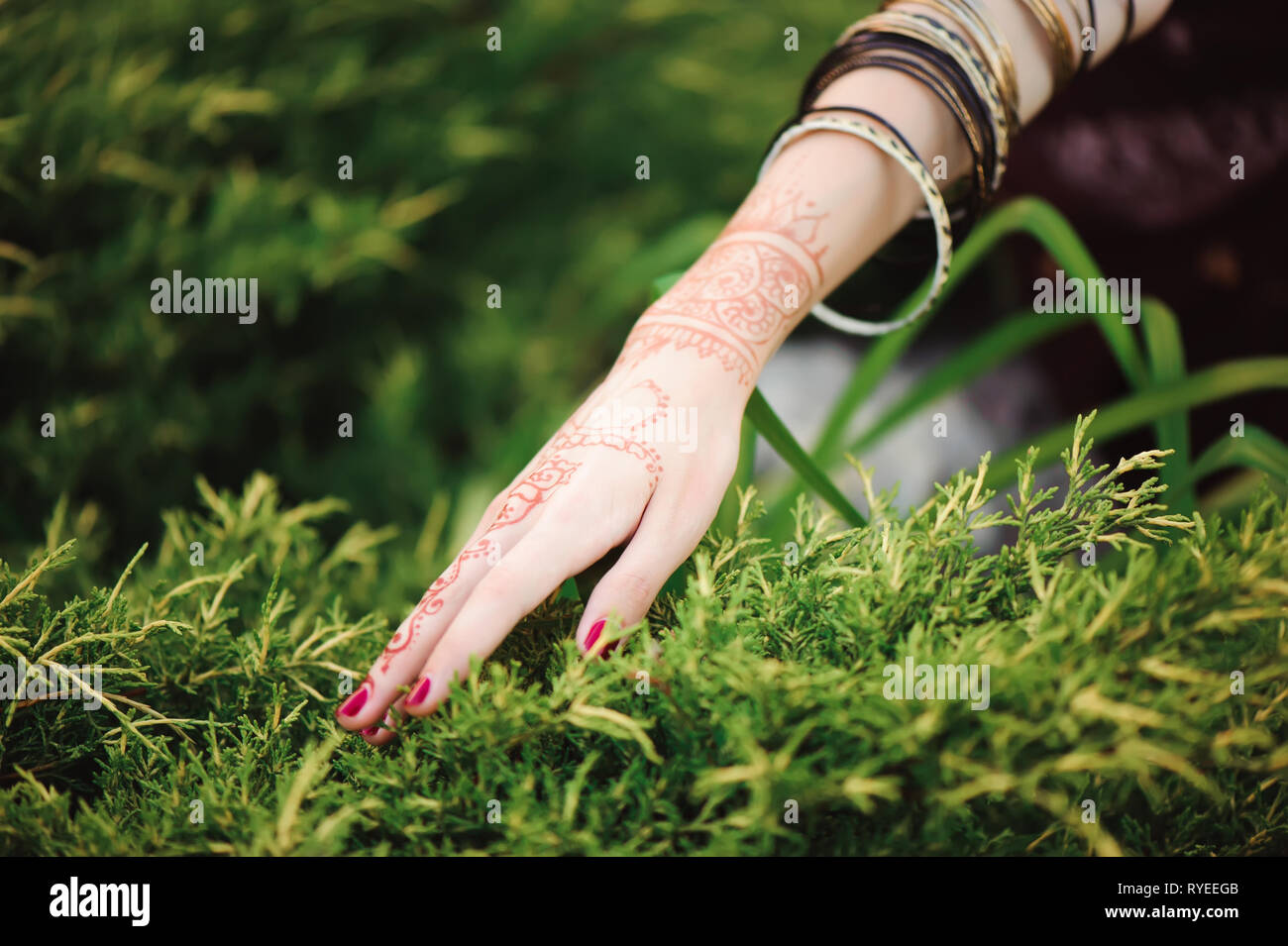 La main de femme tatouage mehndi noir. Mains de fille mariée indienne avec des tatouages au henné noir. La mode. L'Inde Banque D'Images