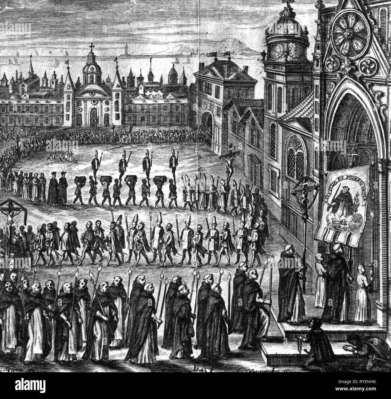 La justice, de l'inquisition, auto-da-fe, procession des inquisiteurs et condamnés à l'église, Lima, par C.Vermeulen, gravure sur cuivre, 17e siècle, 17e siècle, graphique, graphiques, la compétence de la cour, de la justice, les tribunaux de la justice, de l'Amérique du Sud, Pérou, religion, religions, christianisme, catholicisme, hérésies, hérésie, hérétique, église, églises, croix, calvaires, condamner, sainte officium, bougie, bougies, la justice ecclésiastique, clerc, moine, clercs, moines, République dominicaine, procession, auto-da-fe, auto da fe, inquisiteur, inquisiteurs, Lima, historique, historique, , Additional-Rights Clearance-Info-Not-Available- Banque D'Images