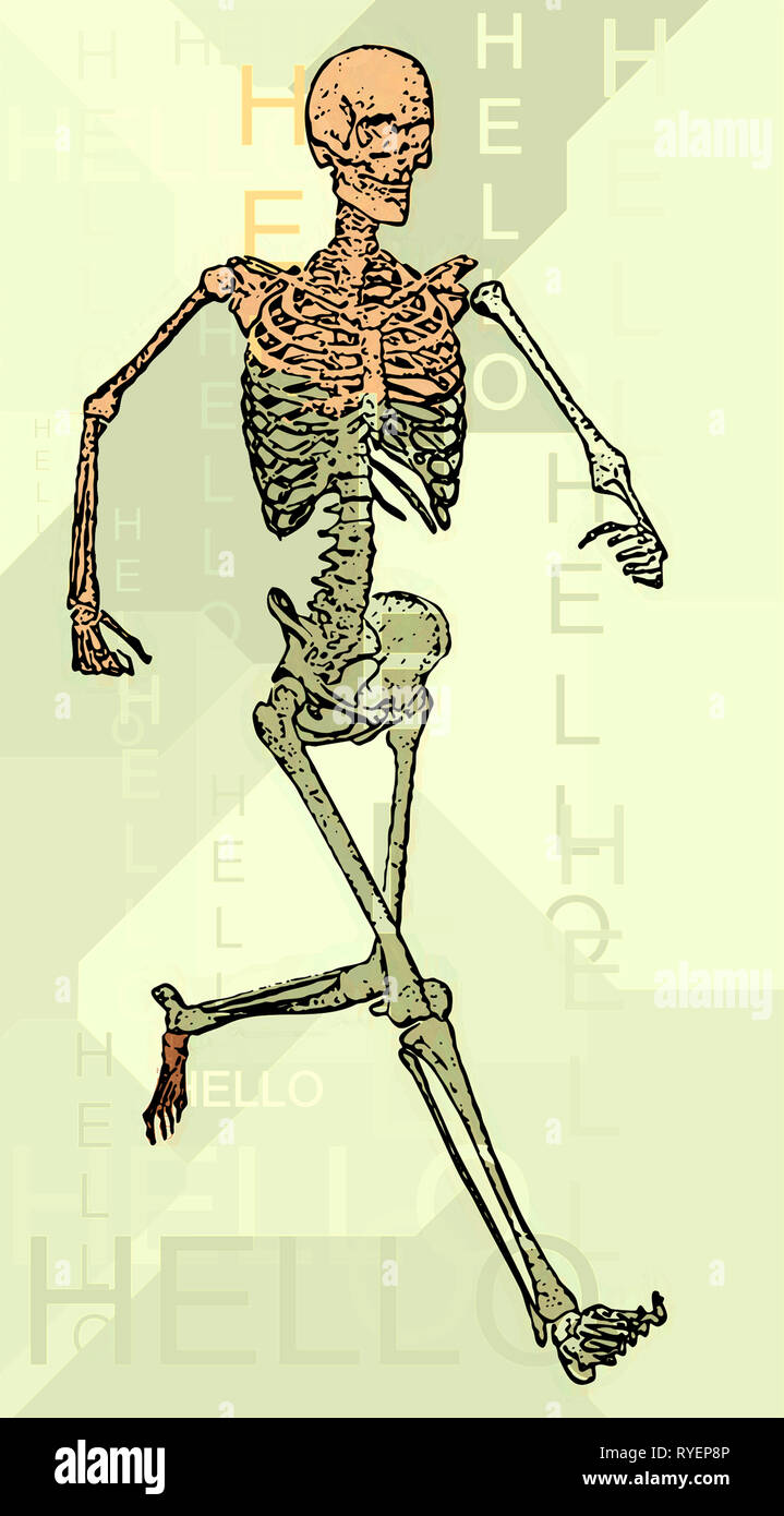Un squelette humain d'exécution contre un patchwork avec le mot Bonjour en arrière-plan Banque D'Images
