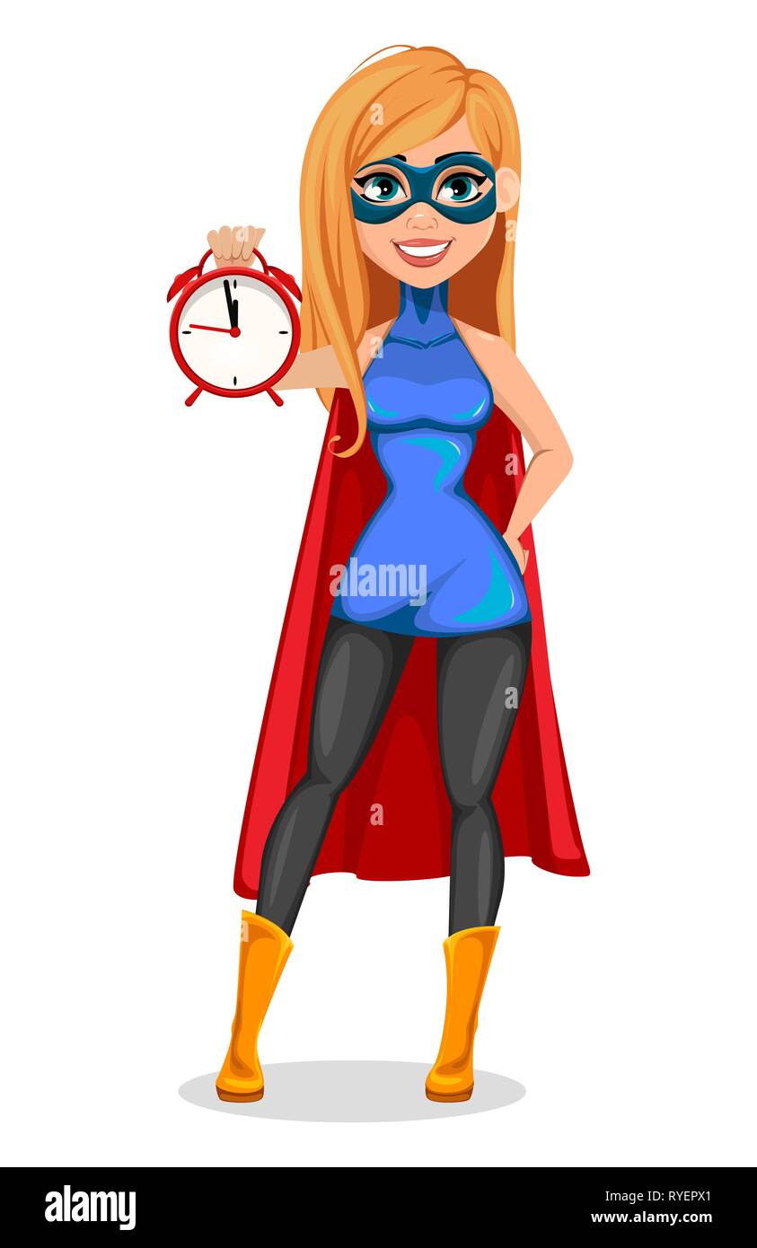 Business Woman super-héros. Notion de réussite woman wearing superhero costume. Beau personnage tenant un réveil. Vector illustration Illustration de Vecteur