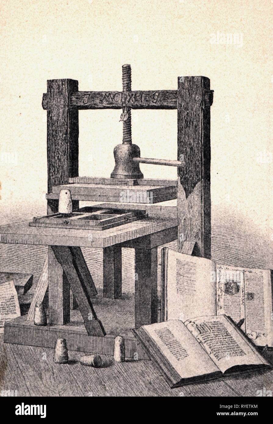 Technics, typographie, machines, imprimerie de Johannes Gensfleisch Gutenberg appelé, vers 1440, gravure sur bois, 2e moitié 19e siècle, Additional-Rights Clearance-Info-Not-Available- Banque D'Images