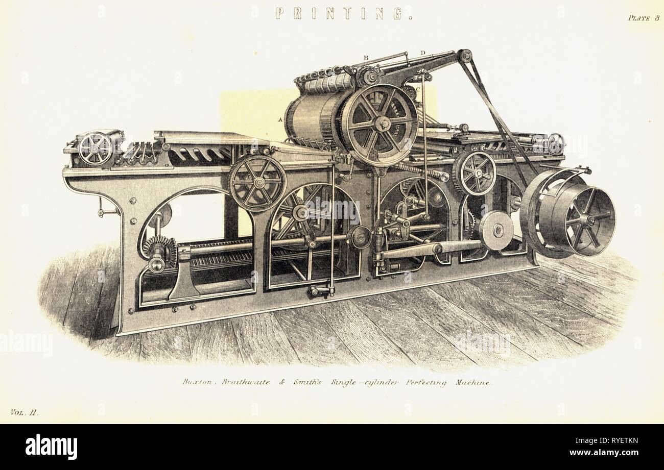 Technics, typographie, les machines mono-cylindre, imprimerie de Buxton, Braithwaite et Smith, Manchester, Angleterre, 1885, gravure sur bois contemporain, Additional-Rights Clearance-Info-Not-Available- Banque D'Images