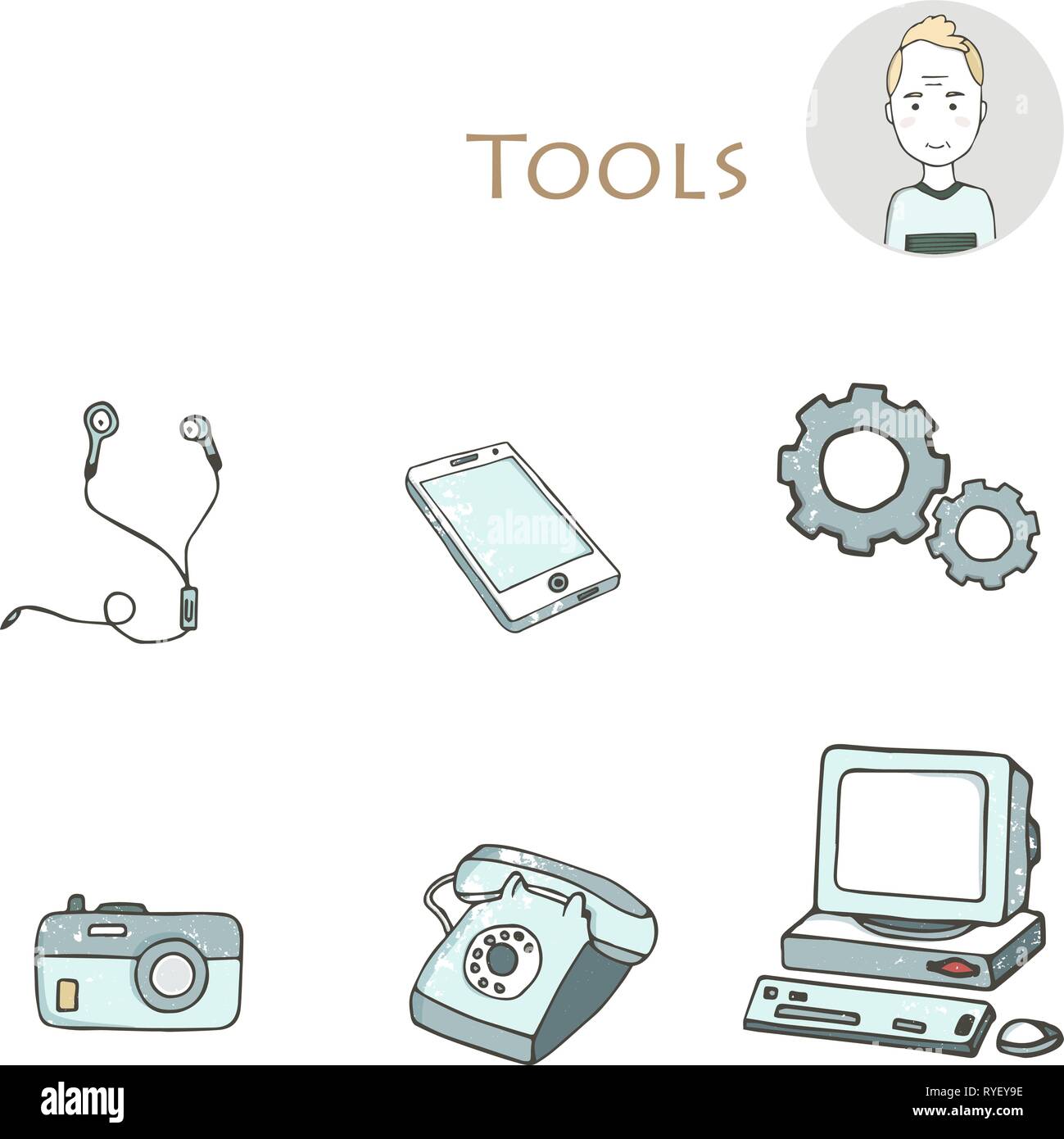 Ensemble de la main electorinc avec icônes gadget pc, téléphone, appareil photo, écouteurs, outils, ordinateur, ordinateur portable, moniteur. Clip art isolé grunge style t Illustration de Vecteur