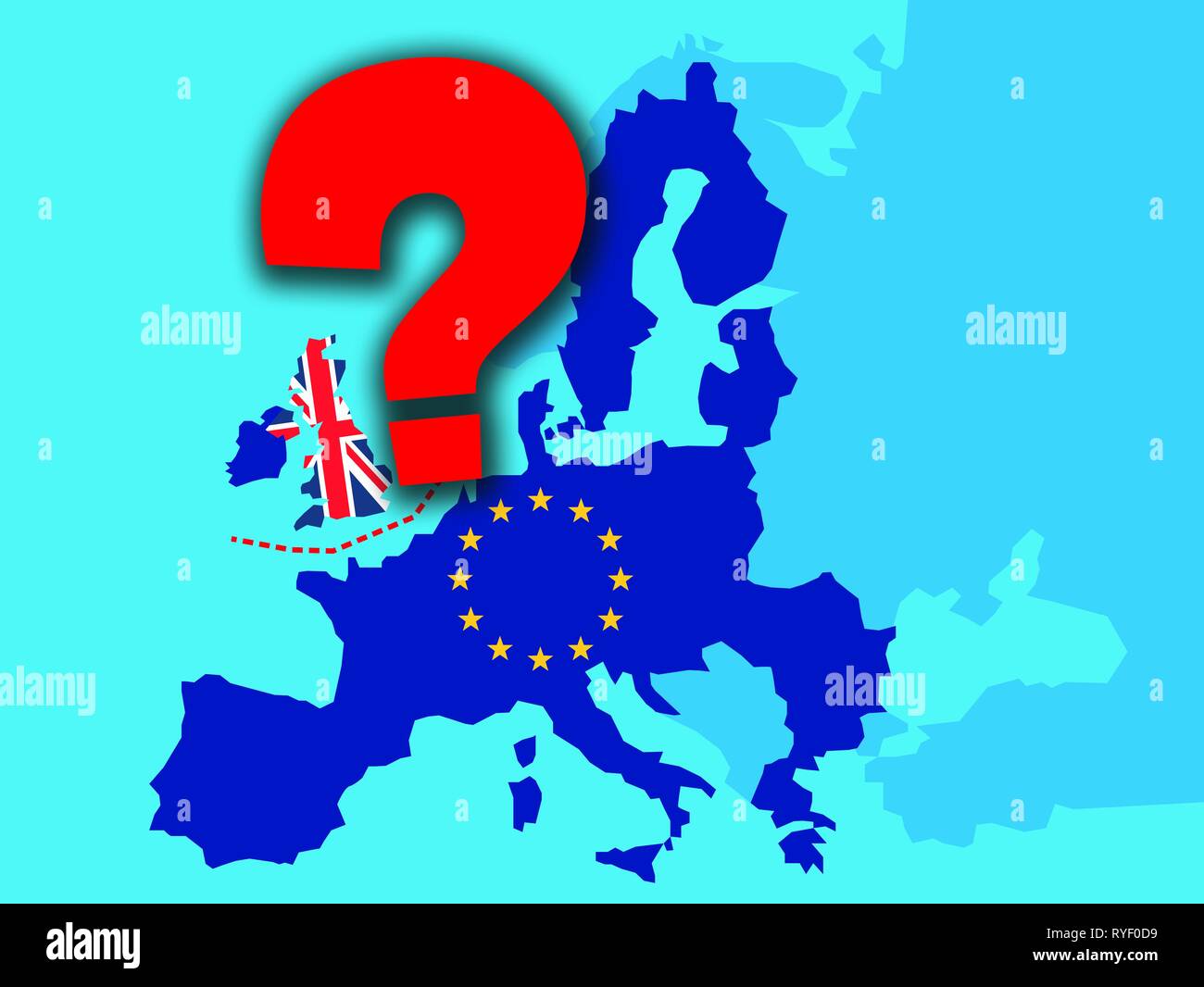 Concept brexit - économie du Royaume-Uni après Brexit avec un gros point d'interrogation rouge - UK comme un drapeau et de l'UE étoile sur la carte de l'Europe avec de grandes question mark sur l'Angleterre Banque D'Images