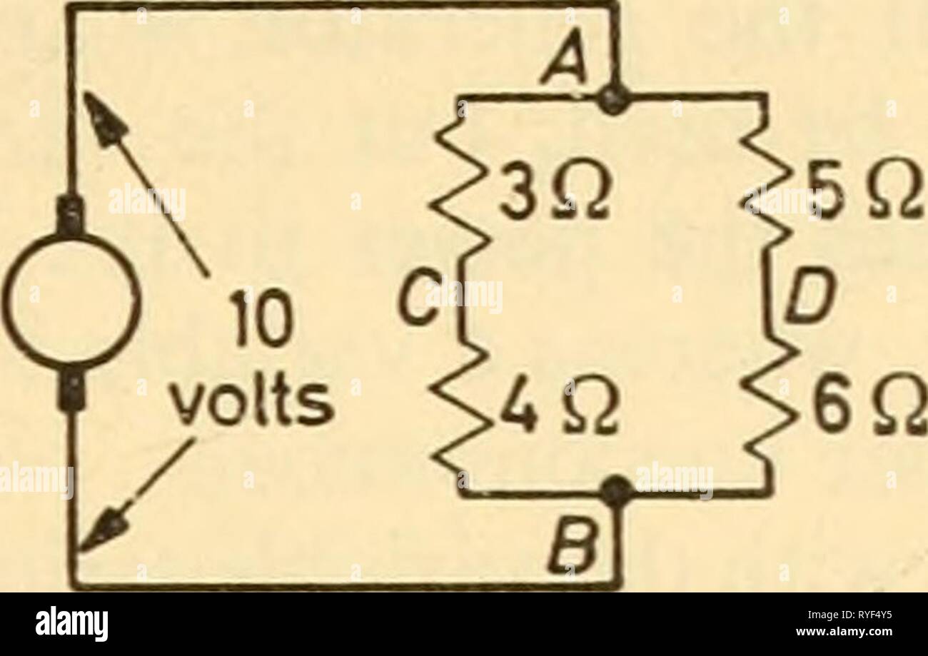 Appareils électroniques pour la recherche biologique electronicappara00dona Année : 1958 tigiire 2.18 La figure 2.17 en premier lieu, déposer les 2 ohms de résistance (figure 2.18). Nous avons maintenant deux diviseurs potentiels et le pont peut être résolu par les règles de résistance série- tances : La résistance dans le chemin A-C-B est de 7 ohms ; donc le courant dans le chemin A-C-B est 10/7 A. ; par conséquent, la différence de potentiel A-C est 3 X (10/7) volts. Par un processus similaire le P.D. A-D est de 5 X (10/11) volts. De sorte que le P.D. C-D est {5 X (10/11)} {- 3 X (10/7)} et c'est notre e'. Pour trouver /•', en gardant à l'esprit 3Q l-^/^^ A/v sn B r' -VWVVV Banque D'Images