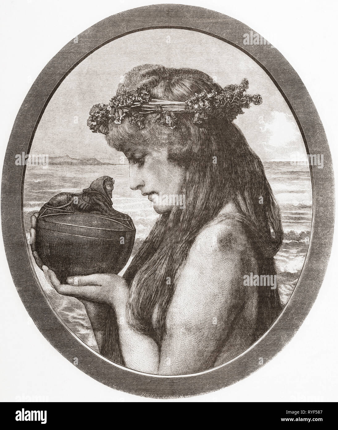 Pandora. Dans la mythologie grecque Pandora a ouvert un pot libérant ainsi tous les maux de l'humanité. À partir de la Ilustracion Artistica, publié 1887. Banque D'Images