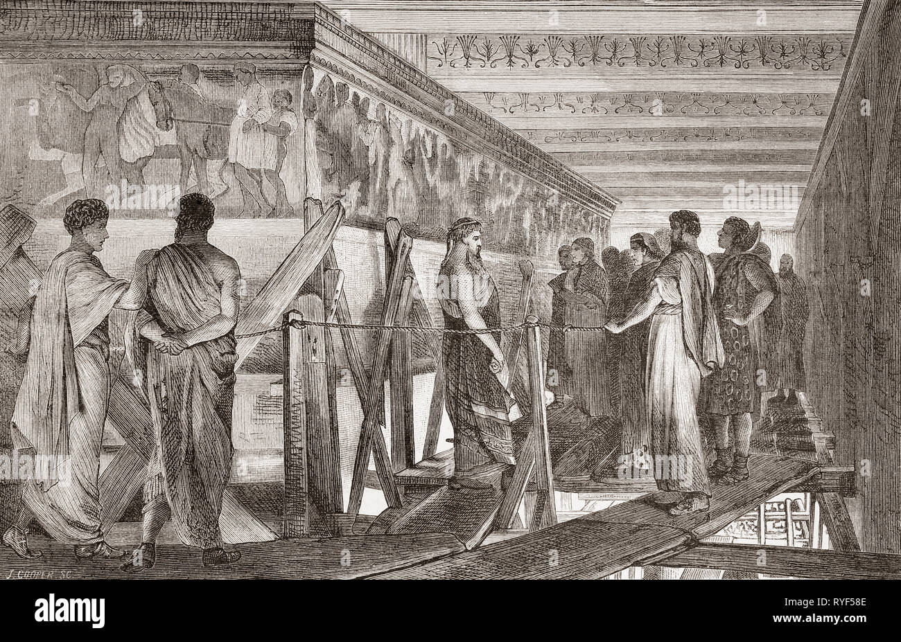Phidias montrant la frise du Parthénon à ses amis, après la peinture de Sir Lawrence Alma-Tadema. Phidias ou Pheidias, ch. 480 - 430 av. Sculpteur grec, peintre et architecte. À partir de la Ilustracion Artistica, publié 1887. Banque D'Images