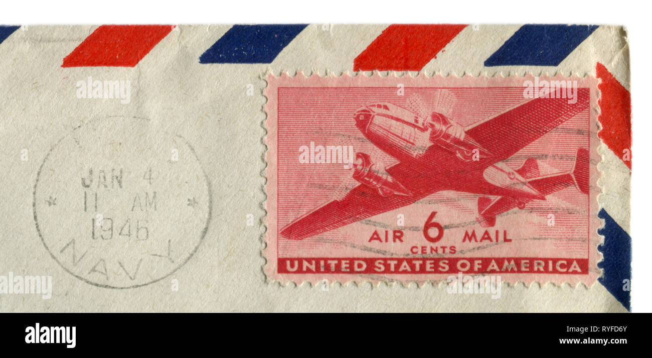 American historical stamp : six cents airmail avec transport et avions de transport de passagers, de l'encre noir, marine, annulation postal USA Banque D'Images