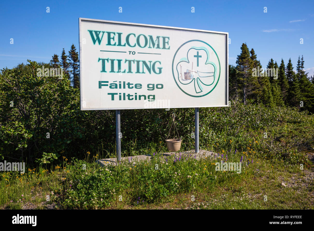 Bienvenue au basculement signe, l'inclinaison, l'île Fogo, à Terre-Neuve et Labrador, Canada Banque D'Images