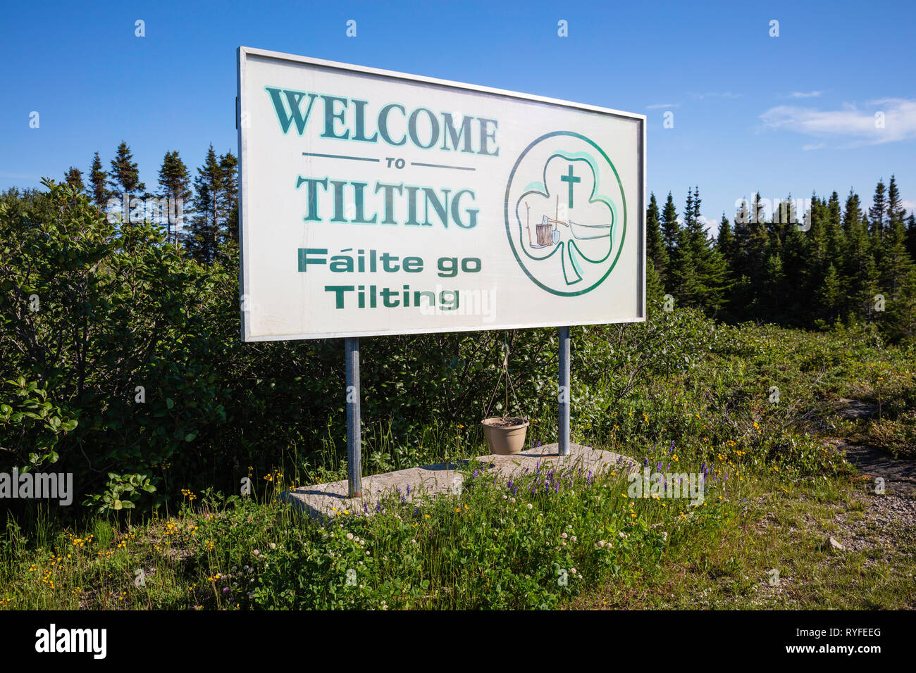 Bienvenue au basculement signe, l'inclinaison, l'île Fogo, à Terre-Neuve et Labrador, Canada Banque D'Images