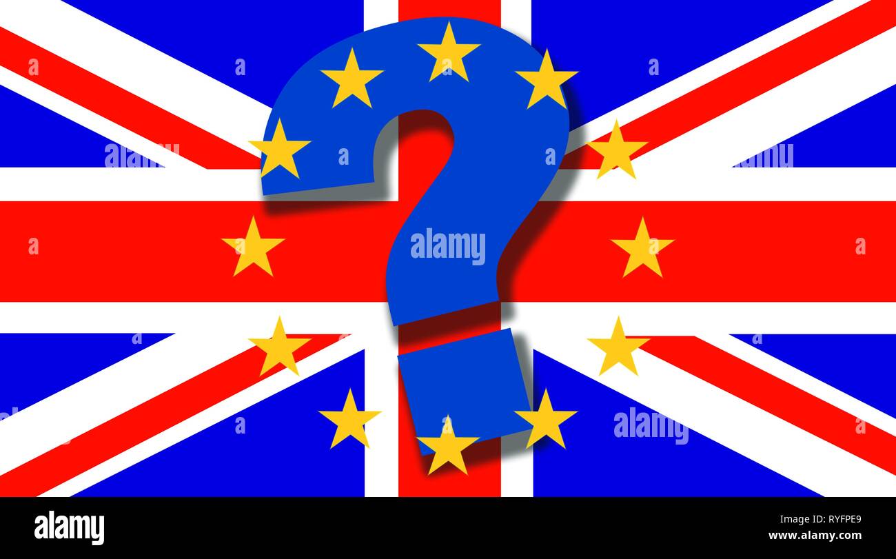 Drapeau britannique avec grand point d'interrogation et de l'UE étoile sur le dessus - concept Brexit - UK et l'Angleterre économie après Brexit Banque D'Images