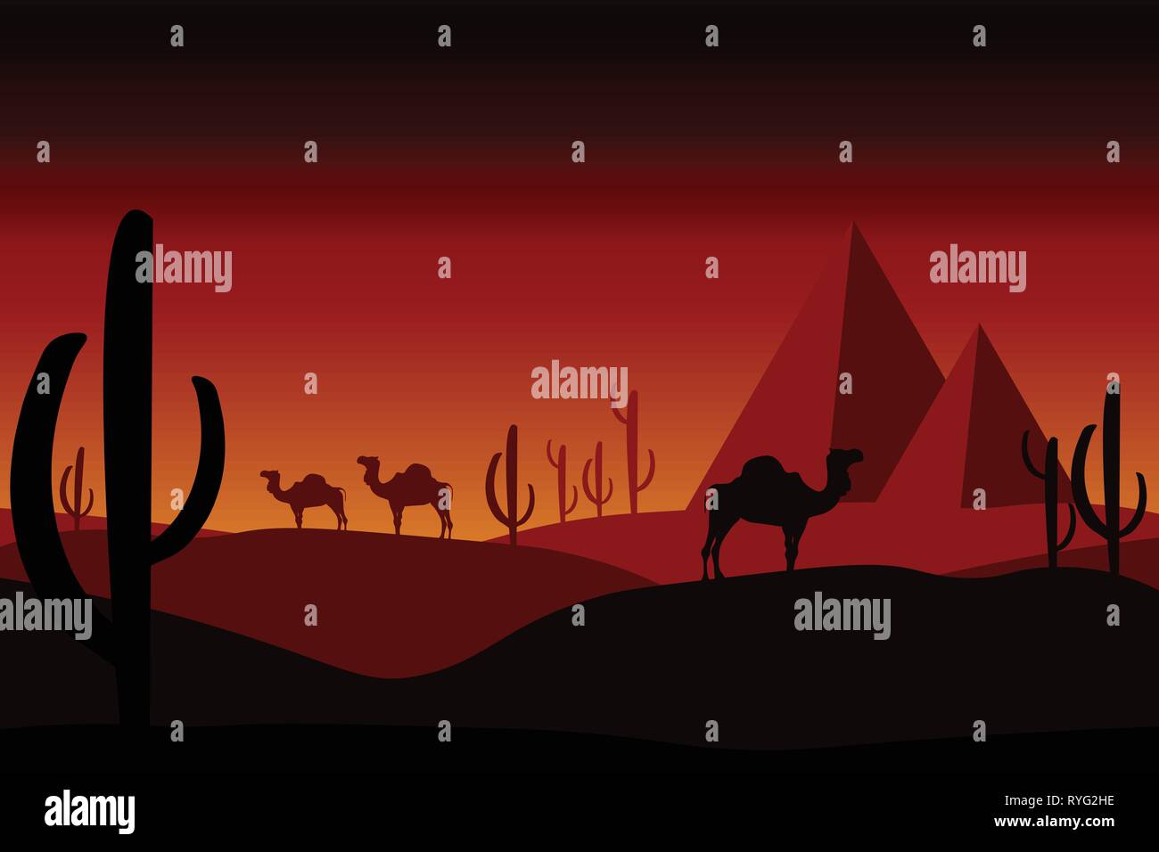 Concept du désert - chameaux dans le désert avec des cactus, des dunes de sable et des pyramides. Paysage, Panoramique, vue extérieure sur la nature sauvage. Illustration modifiable. Illustration de Vecteur