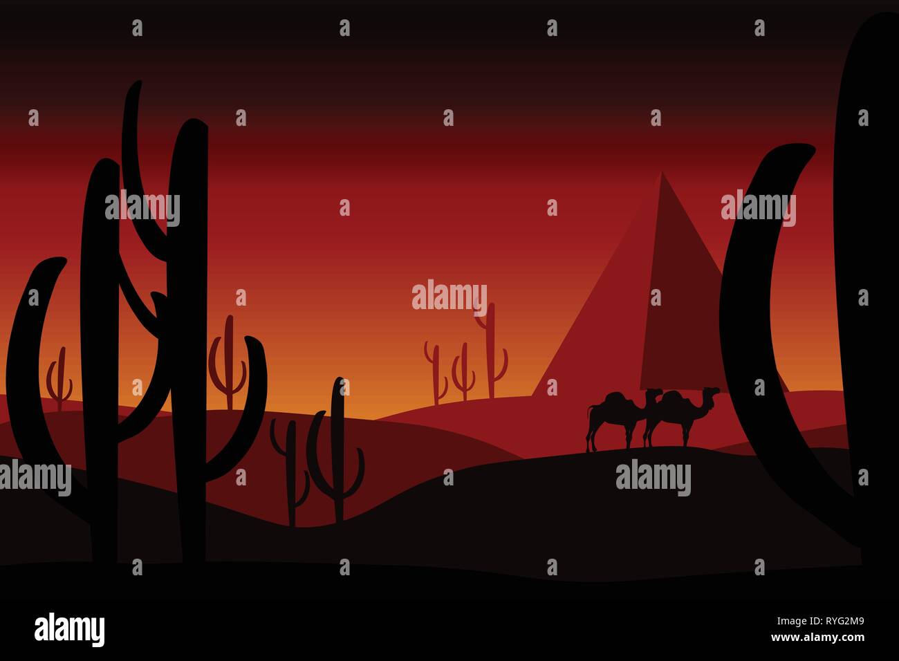 Concept du désert - chameaux dans le désert avec des cactus, des dunes de sable et des pyramides. Paysage, Panoramique, vue extérieure sur la nature sauvage. Illustration modifiable. Illustration de Vecteur