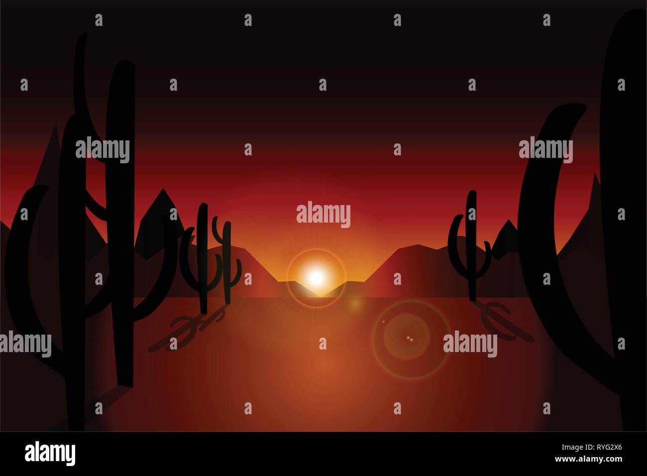 Scène du désert - cactus, soleil, feu de torche, dunes de sable Illustration de Vecteur