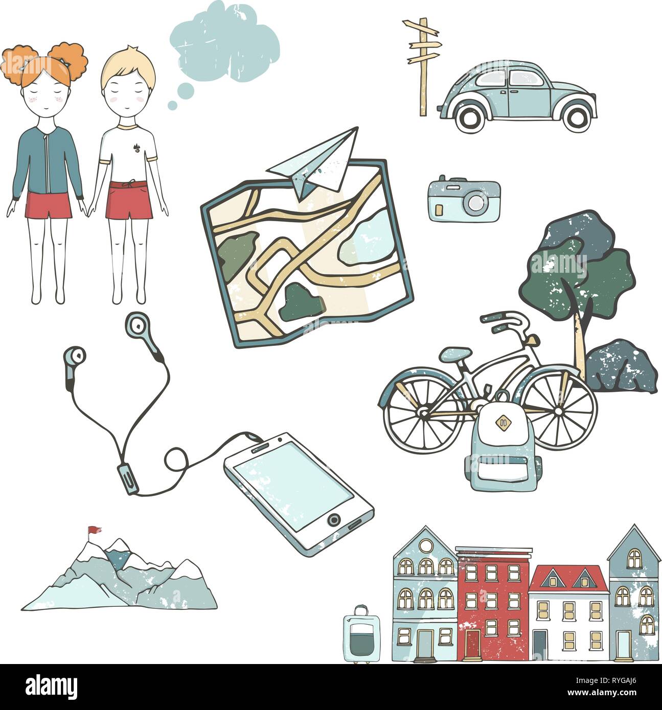 Set de voyage de tourisme d'icônes. Hand drawn vector cartoon illustration. Chambre, la carte, téléphone, personnes bike Illustration de Vecteur