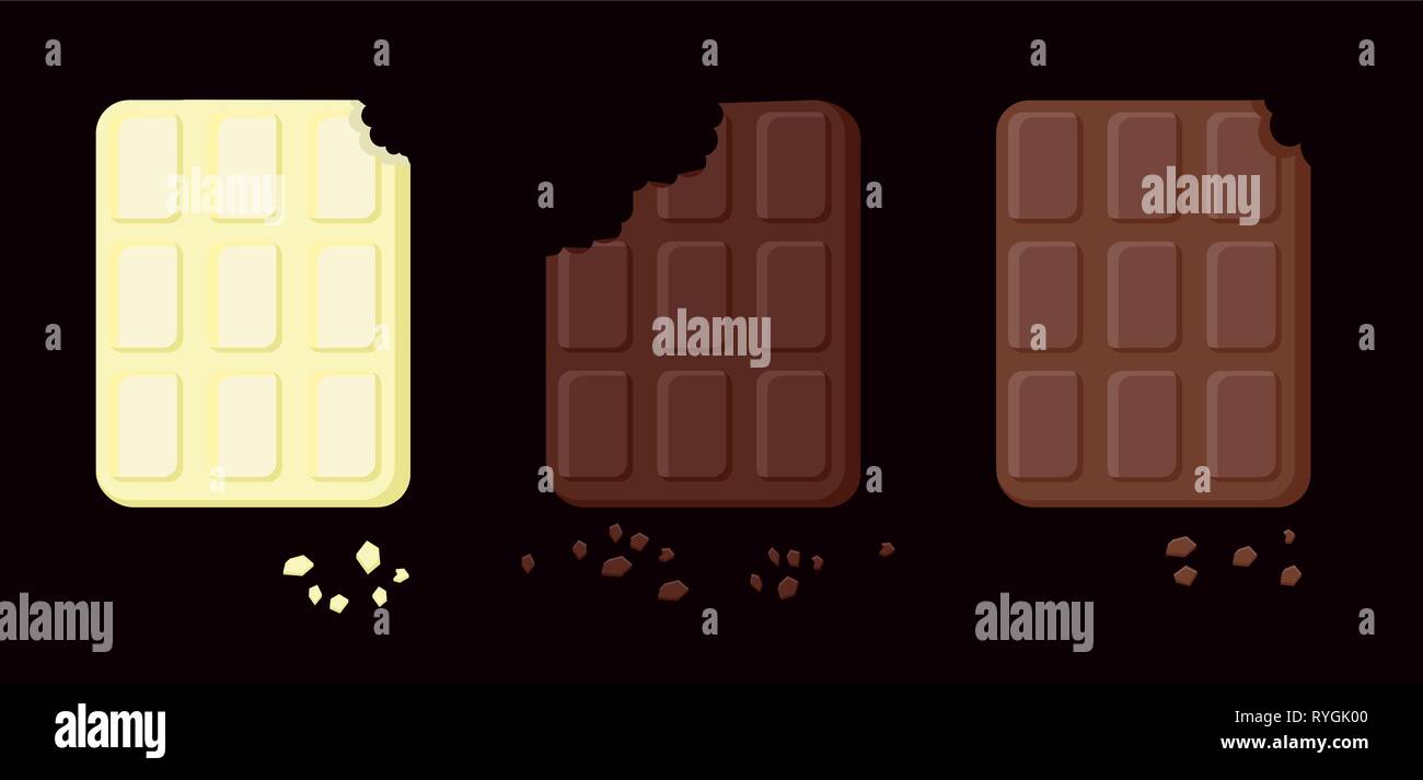 Illustration de trois variétés de mordu de chocolat. Objets isolés sur une couche. L'alimentation pour les cartes vectorielles, applications. Ronger de chocolat Illustration de Vecteur