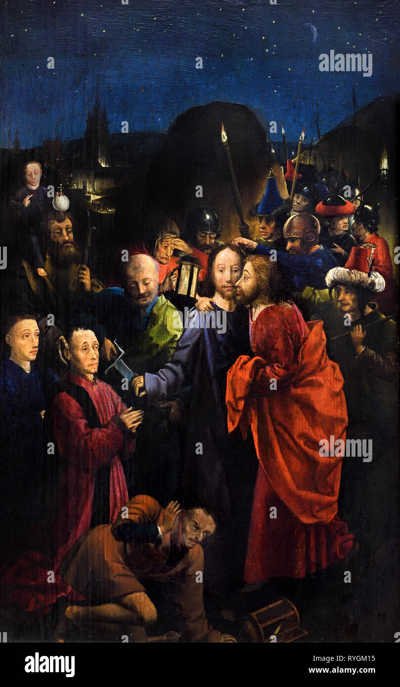 Le baiser de Judas avec Dreux Budé et son fils Jean accompagné de Saint Christopher, 1450, André van Ieper est devenu la libre maître de la guilde des peintres Sint-Lucas van Doornik en 1428. Amiens. Belgique, belge, flamande, Banque D'Images
