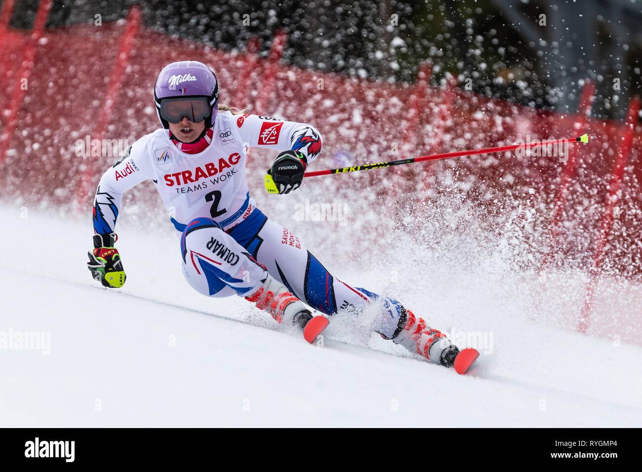 Français Tessa Worley participe à la coupe du monde de ski alpin (slalom géant féminin) à Spindleruv Mlyn, République tchèque, le 9 mars 2019. (Photo CTK Banque D'Images