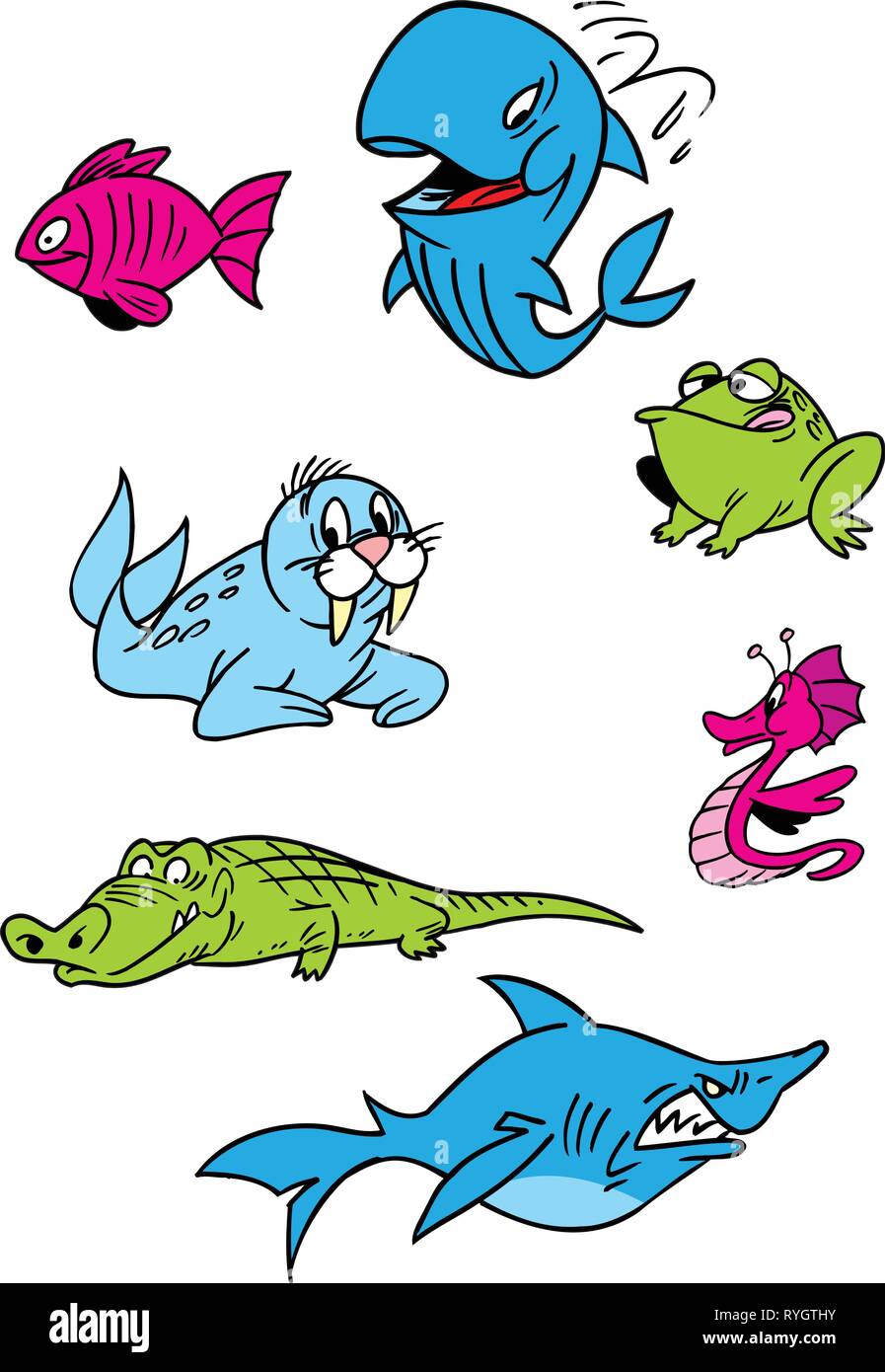 L'illustration montre un groupe d'animaux qui vivent dans l'environnement aquatique. En fait l'illustration cartoon style, sur des couches distinctes, isolé sur blanc Illustration de Vecteur