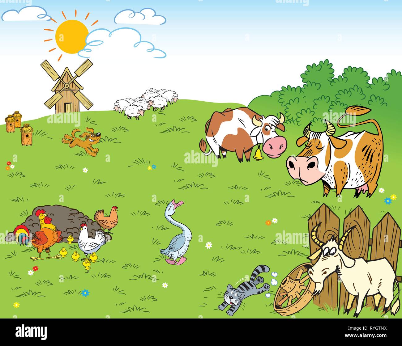 L'illustration montre la basse-cour et prairie sur laquelle les animaux de ferme et animaux domestiques. Illustration de Vecteur