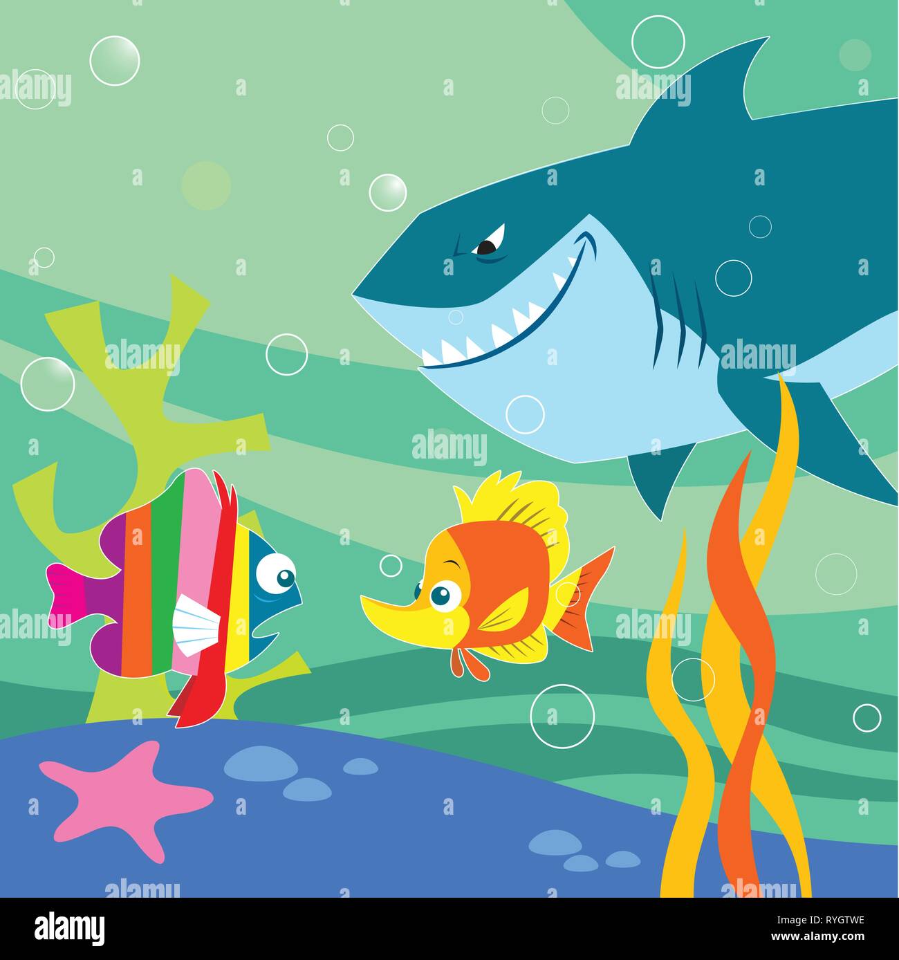 L'illustration montre un paysage sous-marin avec de petits poissons et de requin. Illustration réalisée avec un style cartoon, sur des calques distincts. Illustration de Vecteur