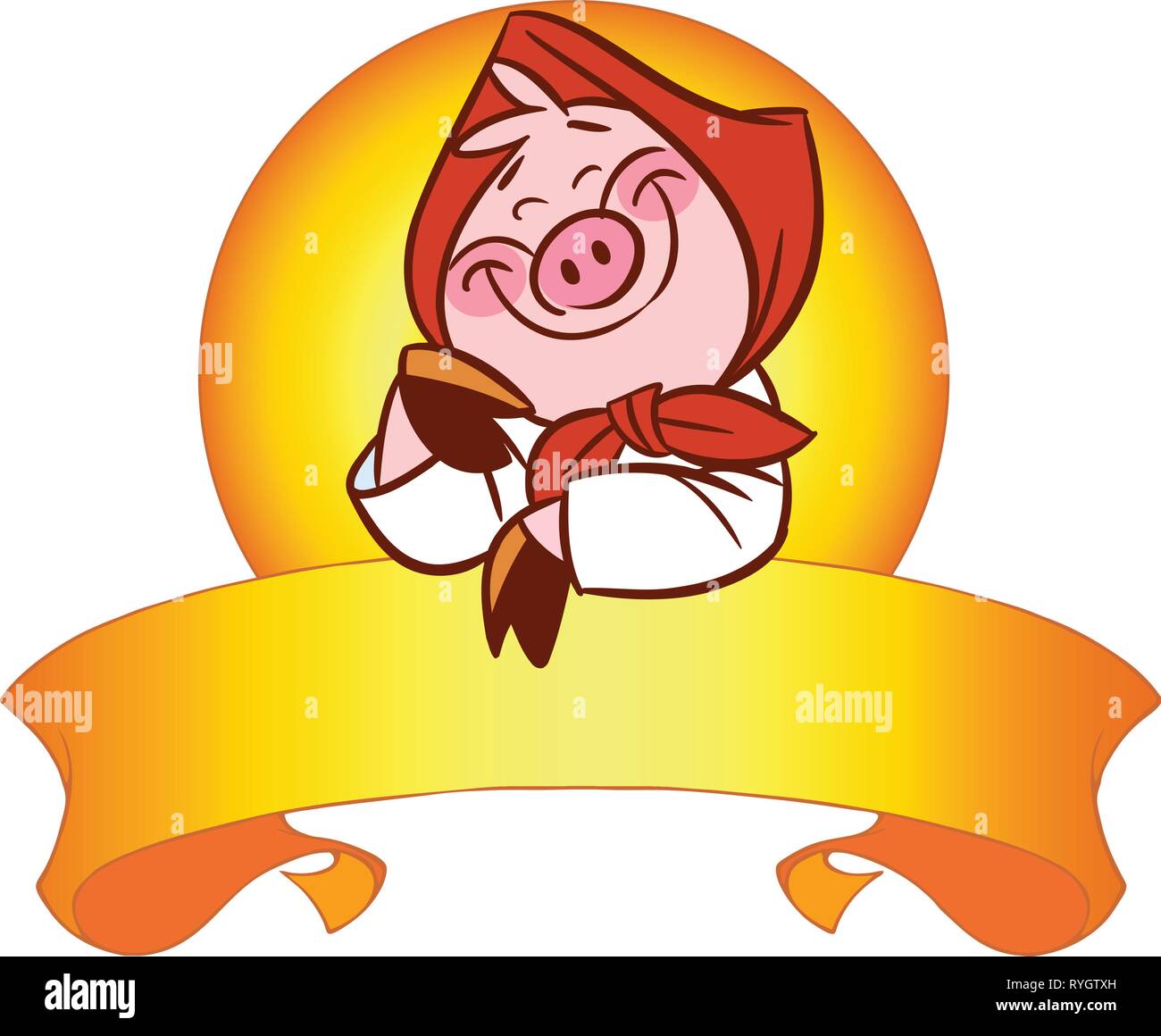 L'illustration montre le cute cartoon cochon dans une écharpe rouge. Elle repose sur un ruban décoratif. Illustration faite sur des calques distincts. Illustration de Vecteur