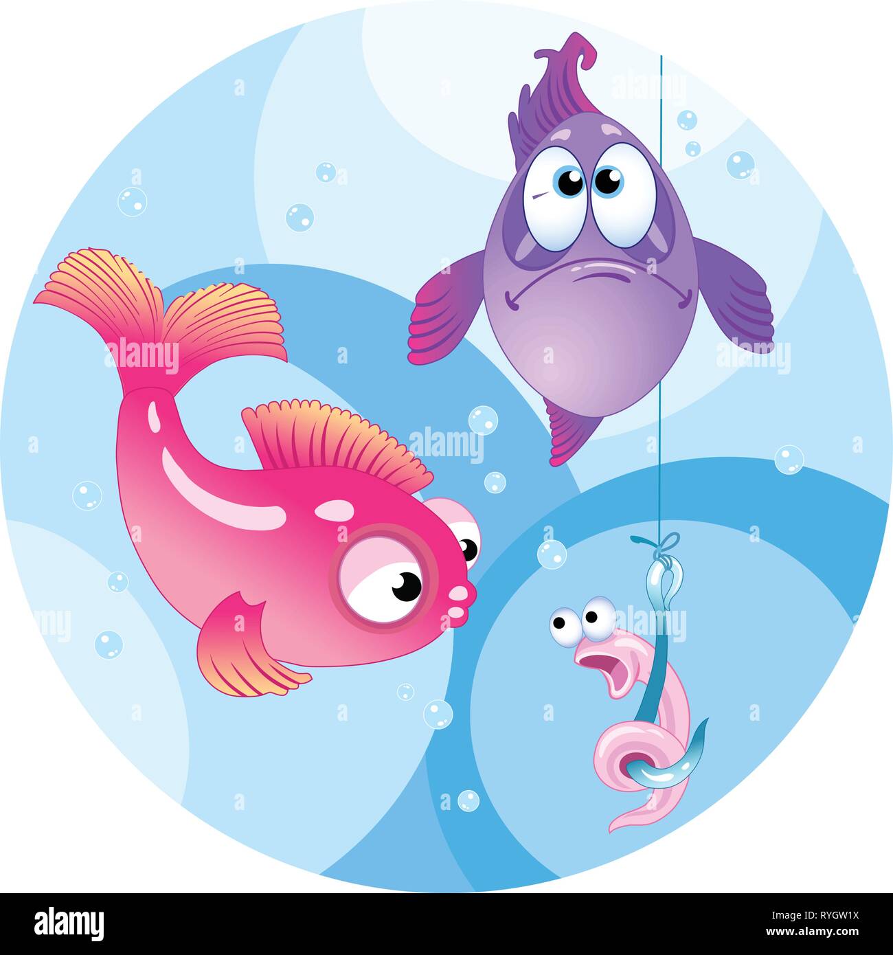L'illustration montre deux poissons colorés. Ils sont à la recherche d'un crochet avec un drôle de ver.Illustration fait en style dessin animé, sur des calques distincts. Illustration de Vecteur
