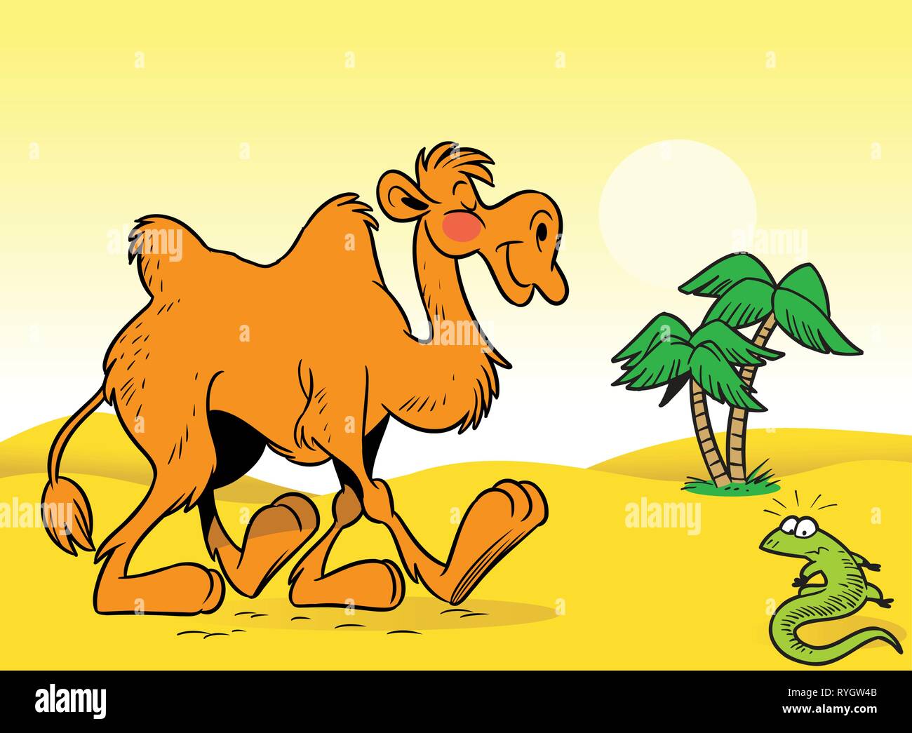 Grande caricature chameau est le désert jaune. Sur fond de palmiers et d'un lézard vert. Illustration de Vecteur