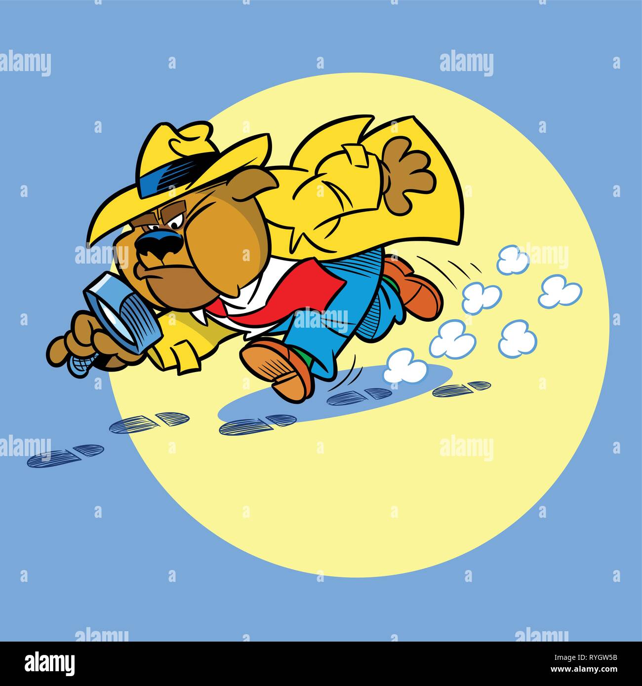 L'illustration montre comment Détective bulldog sur le sentier, il est maintenant une loupe. En fait l'illustration cartoon style. Illustration de Vecteur