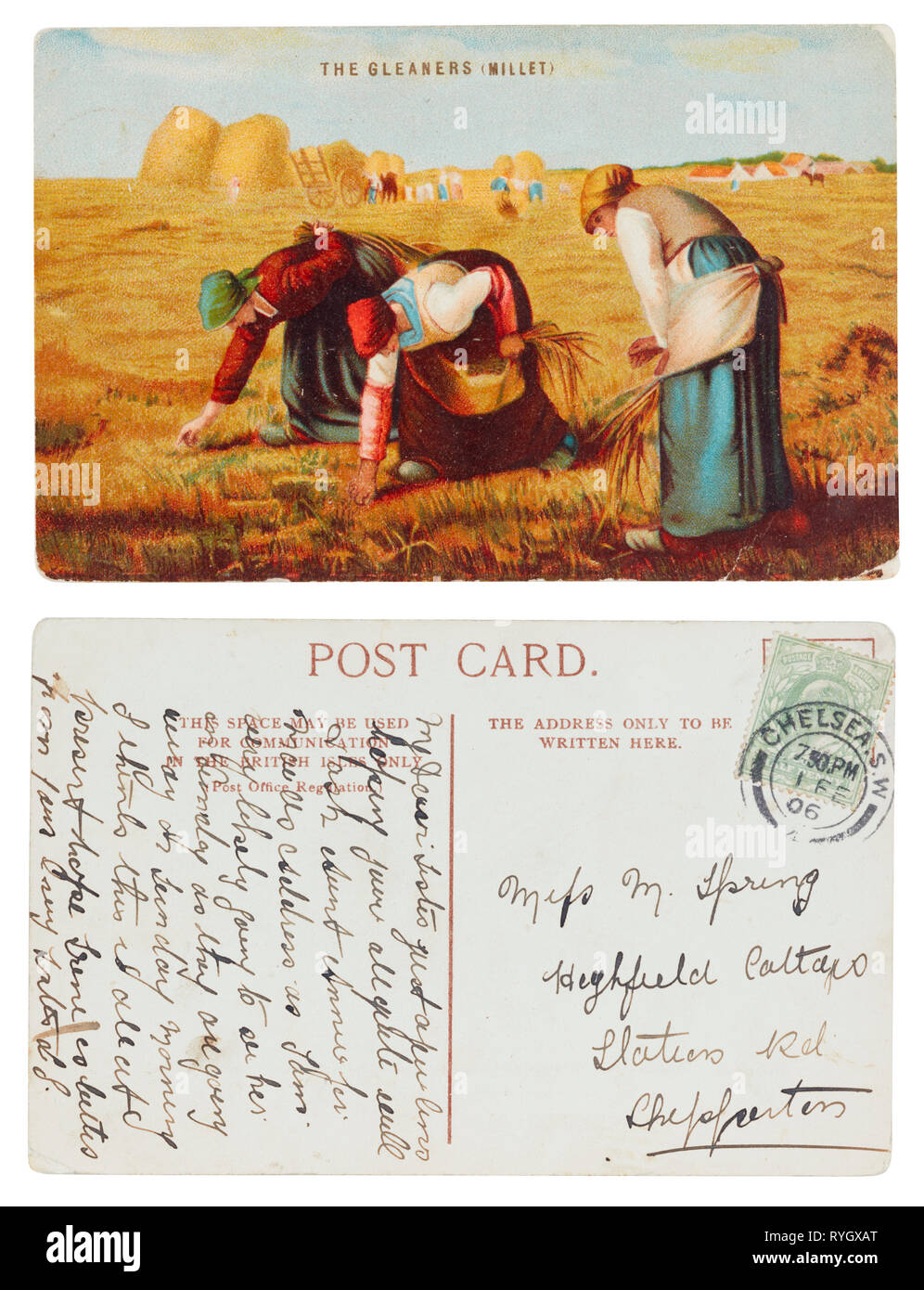 Carte postale envoyée en 1906 de Chelsea à Shepperton avec illustration de glaneurs de millet à l'avant Banque D'Images