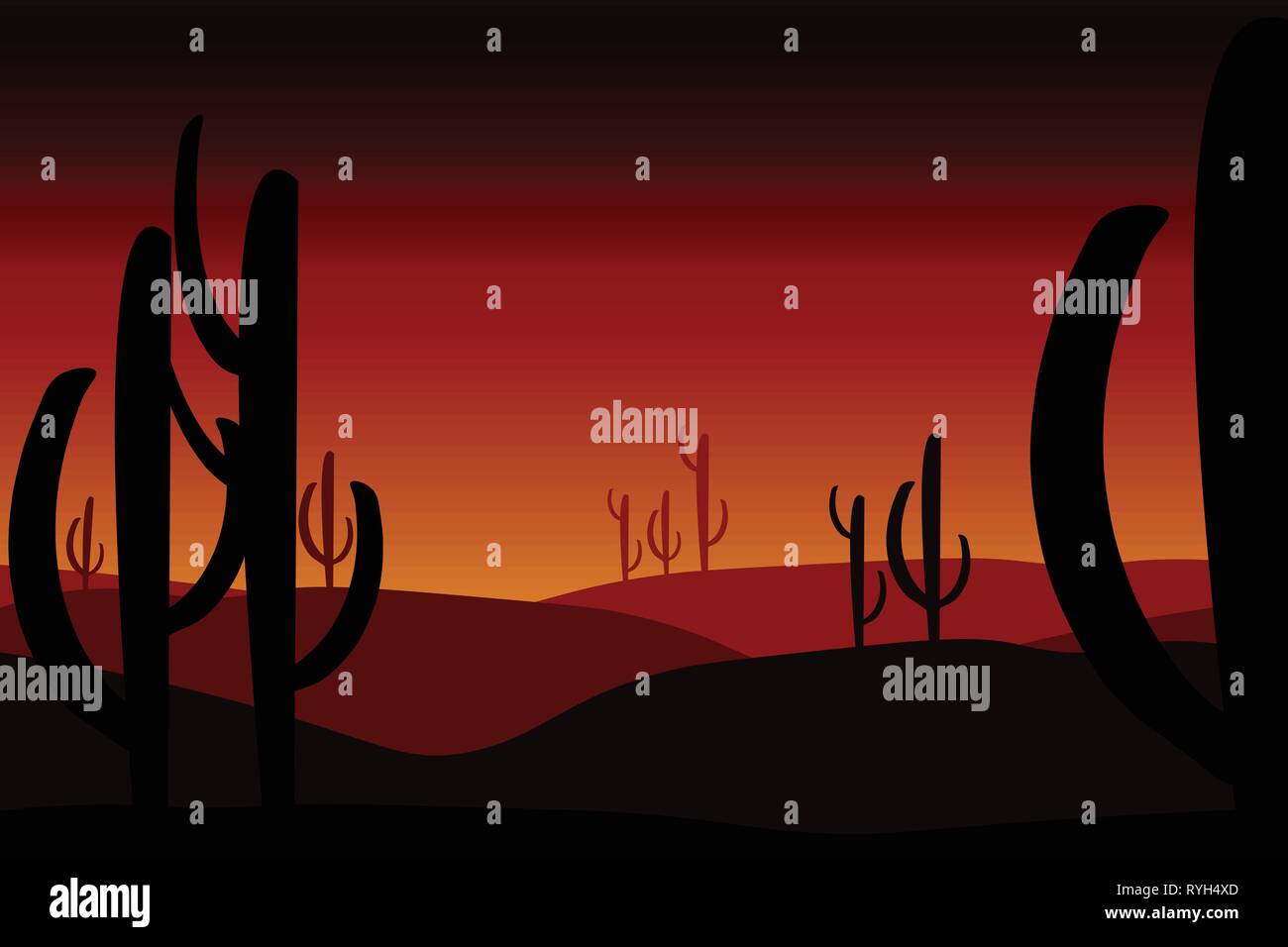 Désert, soleil, dunes de sable et de cactus Illustration de Vecteur
