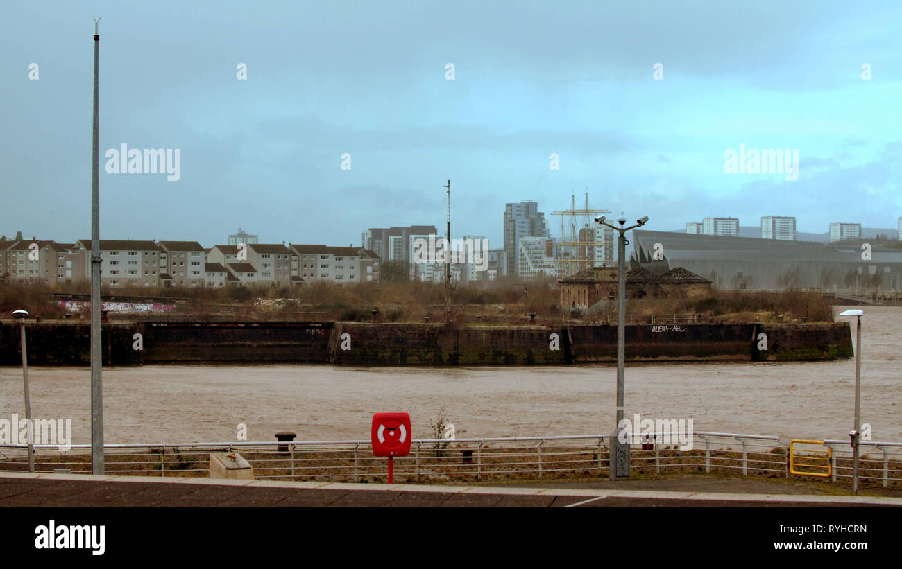 Glasgow, Écosse, Royaume-Uni 13 mars, 2019.Nouveau Steven Spielberg et Sam Mendes film de guerre 1917 a révélé l'emplacement de l'ancien ancien docks Govan sur les rives de la Clyde près de la BBC , la science center et ironiquement le cinéma Imax. Contrairement à la situation en anglais à Stonehenge il n'y a pas de controverse ou d'objection ici Gérard Ferry/Alamy Live News Banque D'Images