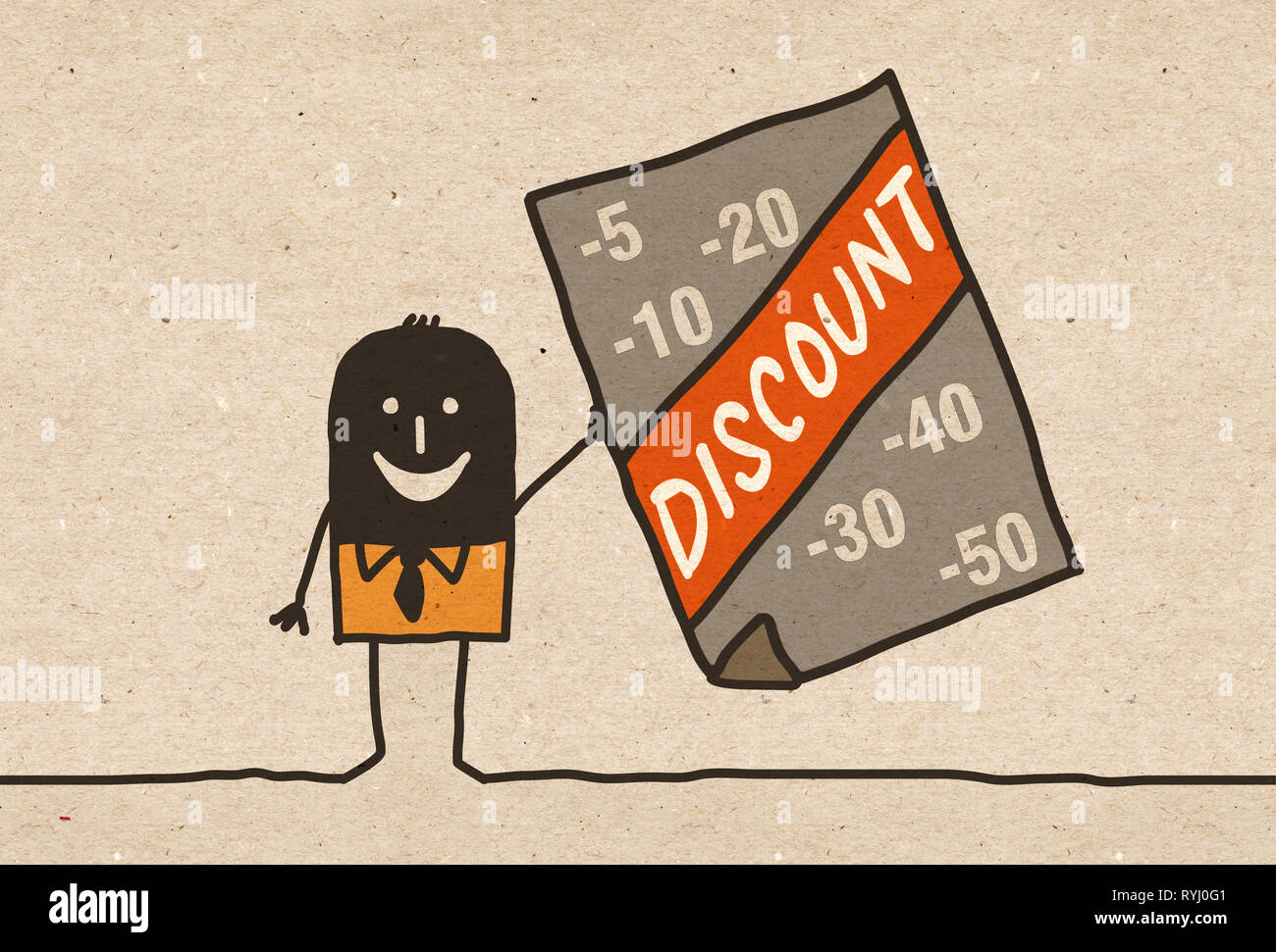 Cartoon noir Businessman avec un rabais annoncer Banque D'Images
