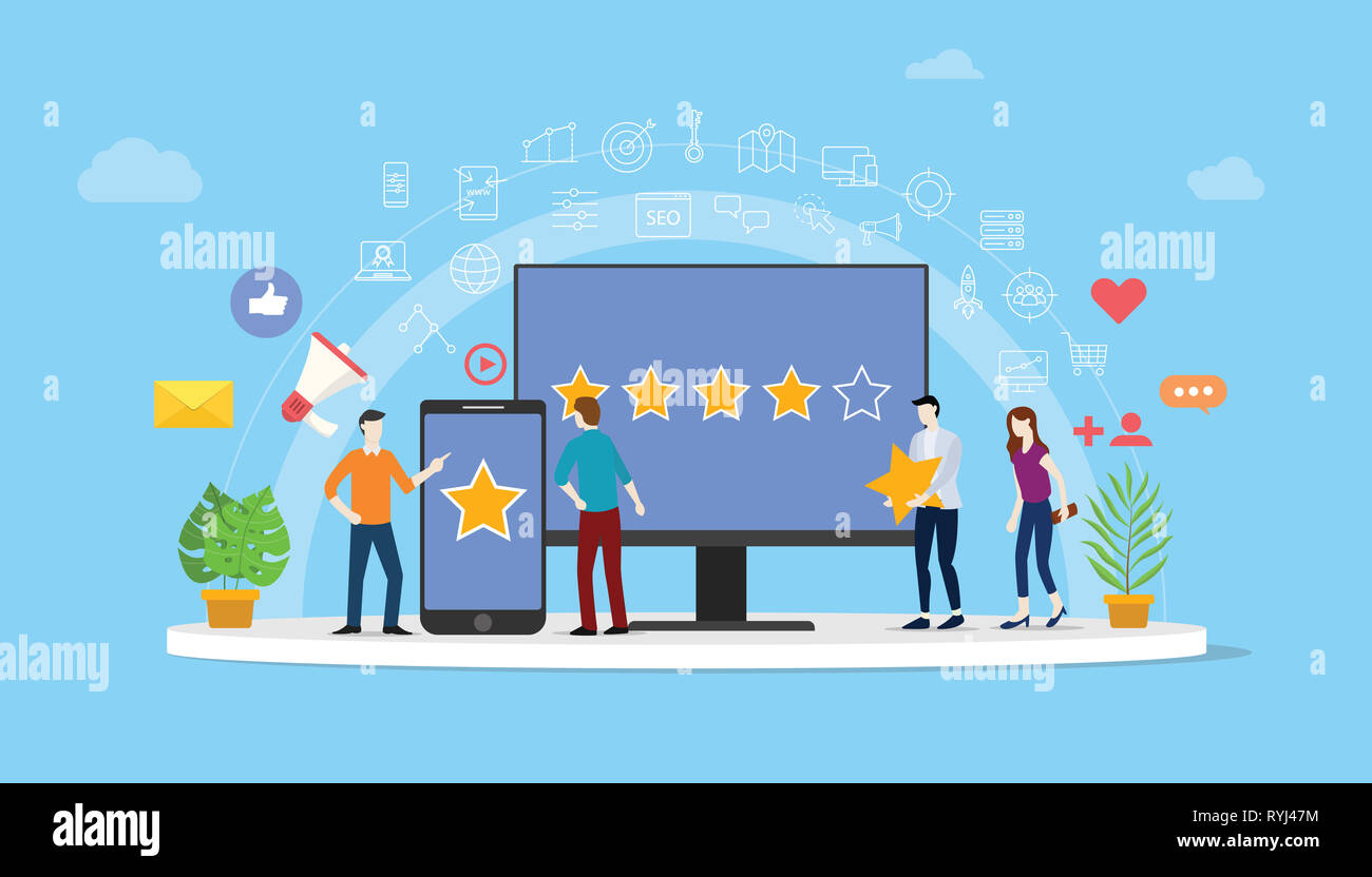 L'équipe de gestion de réputation en ligne travaillent ensemble pour revue de client 0 étoiles avec les gens travaillent ensemble à gérer - vector illustration Banque D'Images