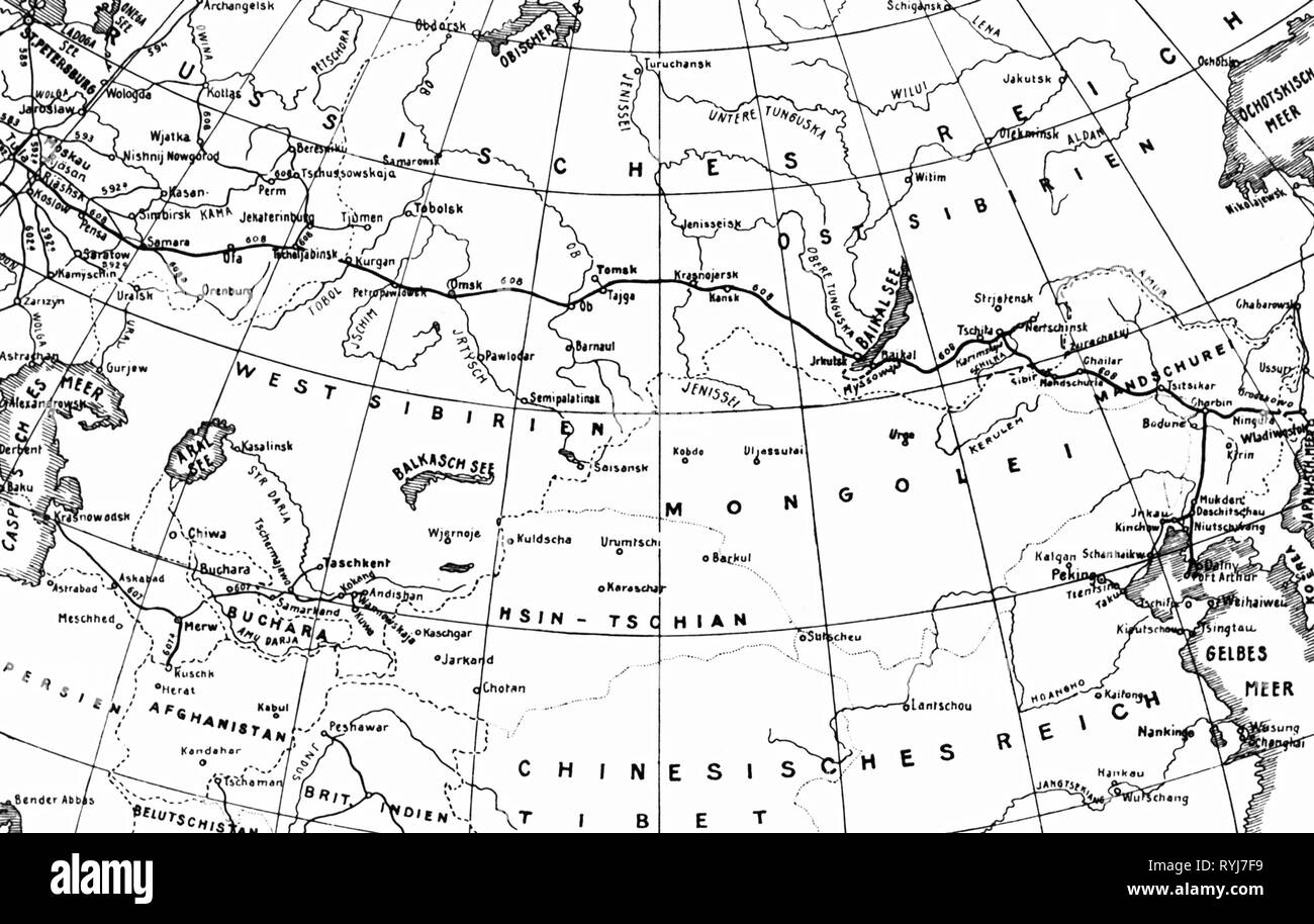 Transport / Transport, chemin de fer, route, cours du chemin de fer transsibérien de Moscou à Vladivostok, de fer de l'Est chinois à Port Arthur, la carte, vers 1900, Additional-Rights Clearance-Info-Not-Available- Banque D'Images