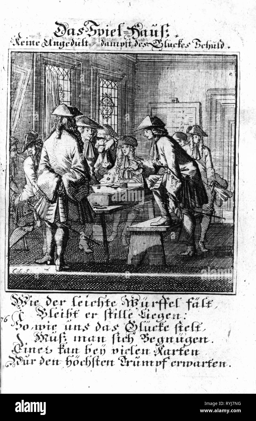 Jeu, casino, maison de jeux de hasard, gravure sur cuivre à partir des classes d'adresses par Christoph Weigel, 1698, avec le verset par Abraham a Santa Clara, Additional-Rights Clearance-Info-Not-Available- Banque D'Images