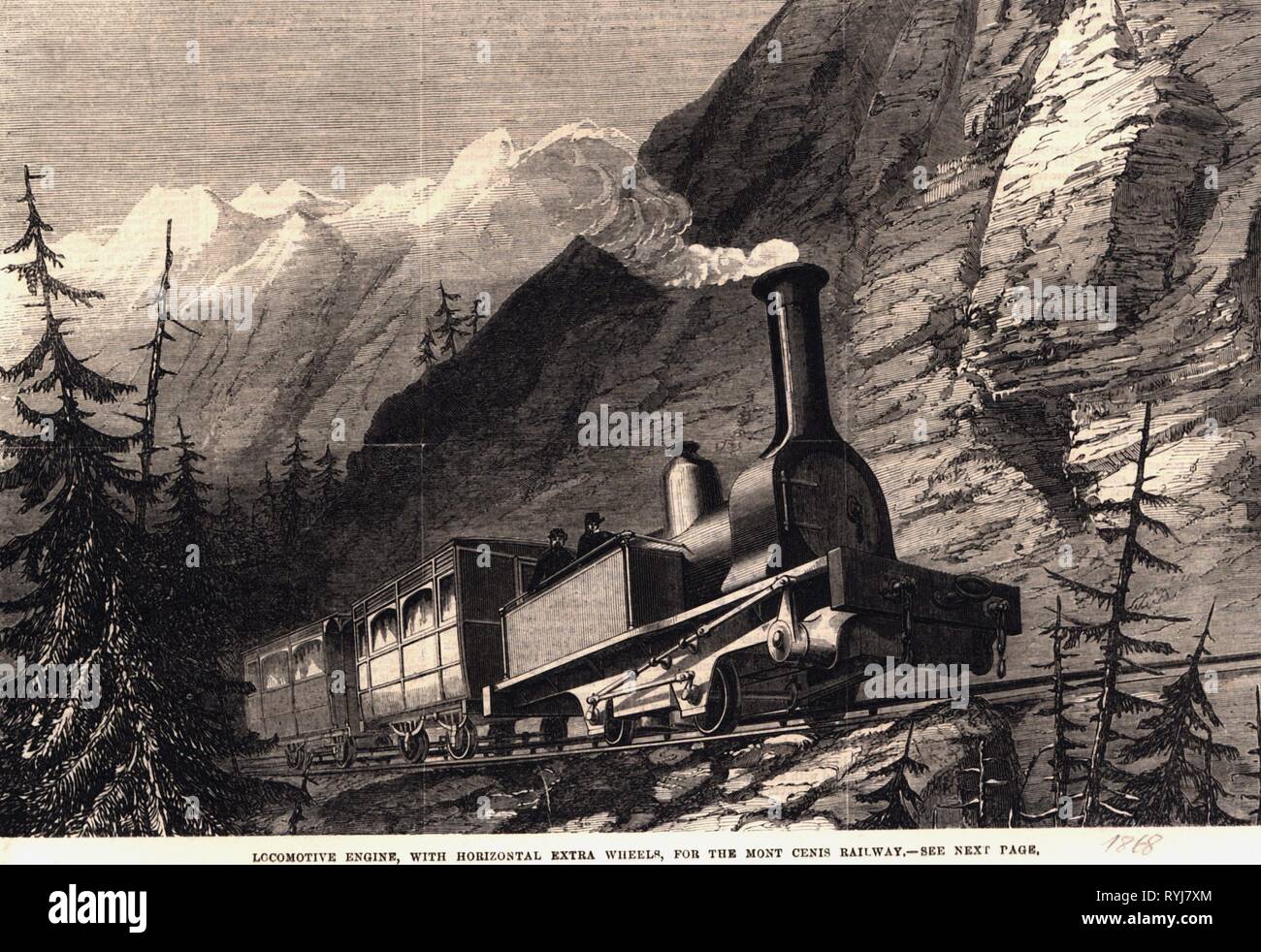 Transports / transport, ferroviaire, chemin de fer de montagne, Mont Cenis Pass Railway, Susa, l'Italie, et Modane, France, la locomotive avec transmission de puissance spéciale par Chevalier, Cheilus et Cie, design : A. Alexander, gravure sur bois, 'l'Illustrated London News, 1868, Additional-Rights Clearance-Info-Not-Available- Banque D'Images