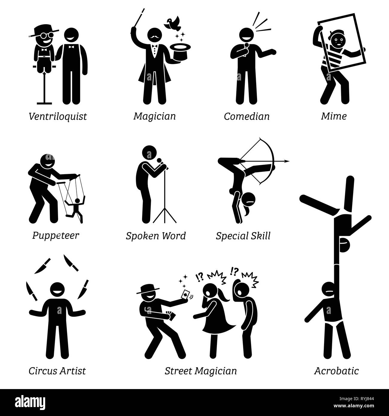 Scène de théâtre, artistes du spectacle, des artistes, et des représentations. Pictogrammes dépeignent ventriloque, magicien, comédien, mime, marionnettiste, spoken word, cir Illustration de Vecteur